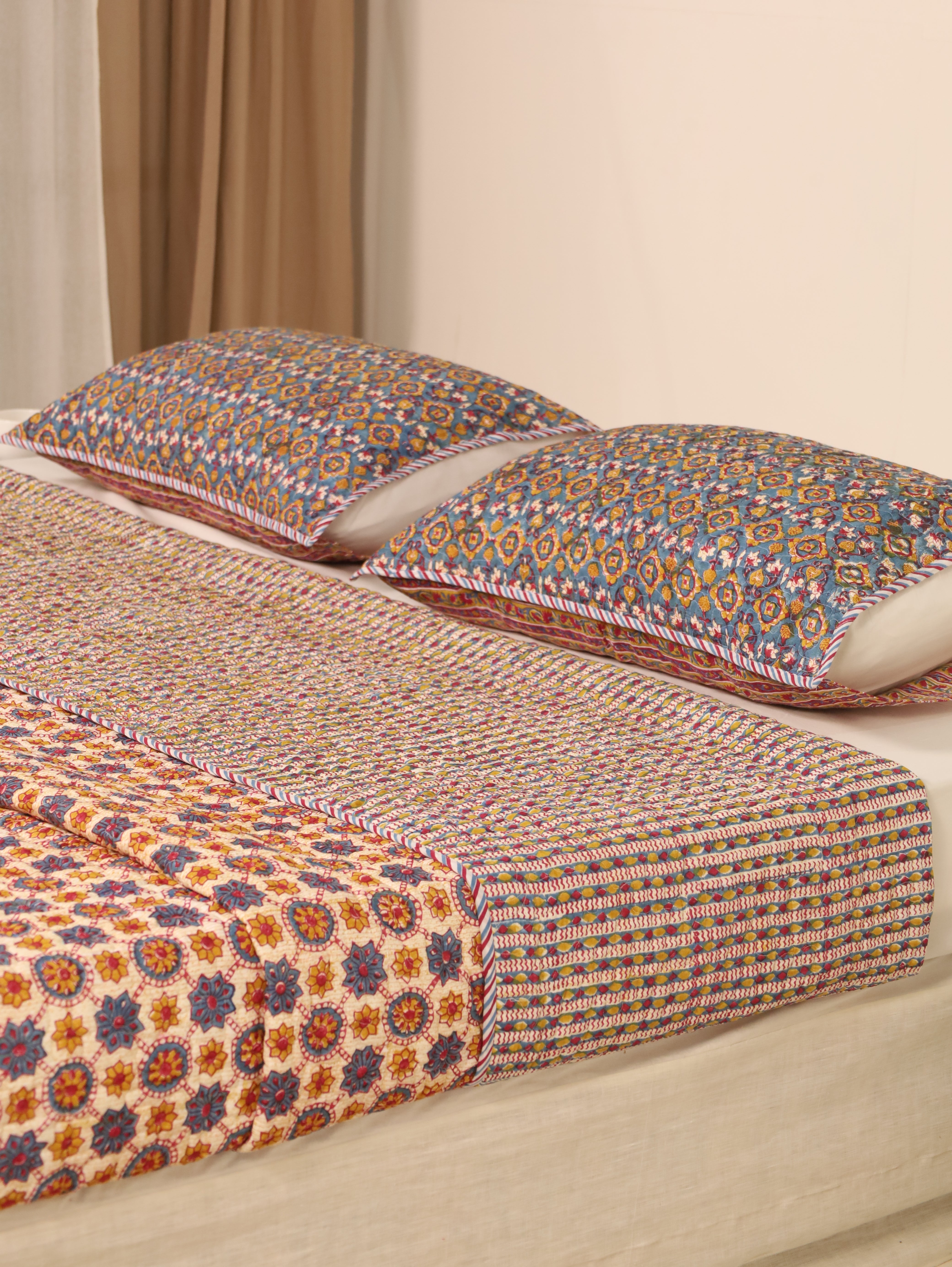 Blue and Off White Quiltted Reversible Bedcover