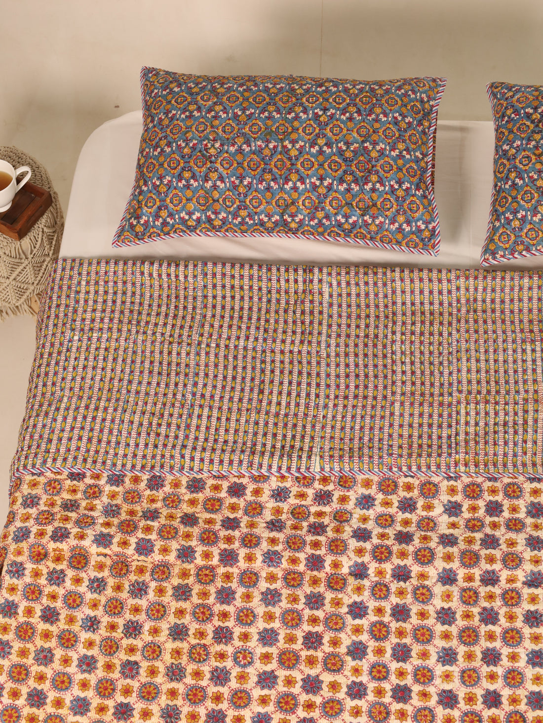 Blue and Off White Quiltted Reversible Bedcover