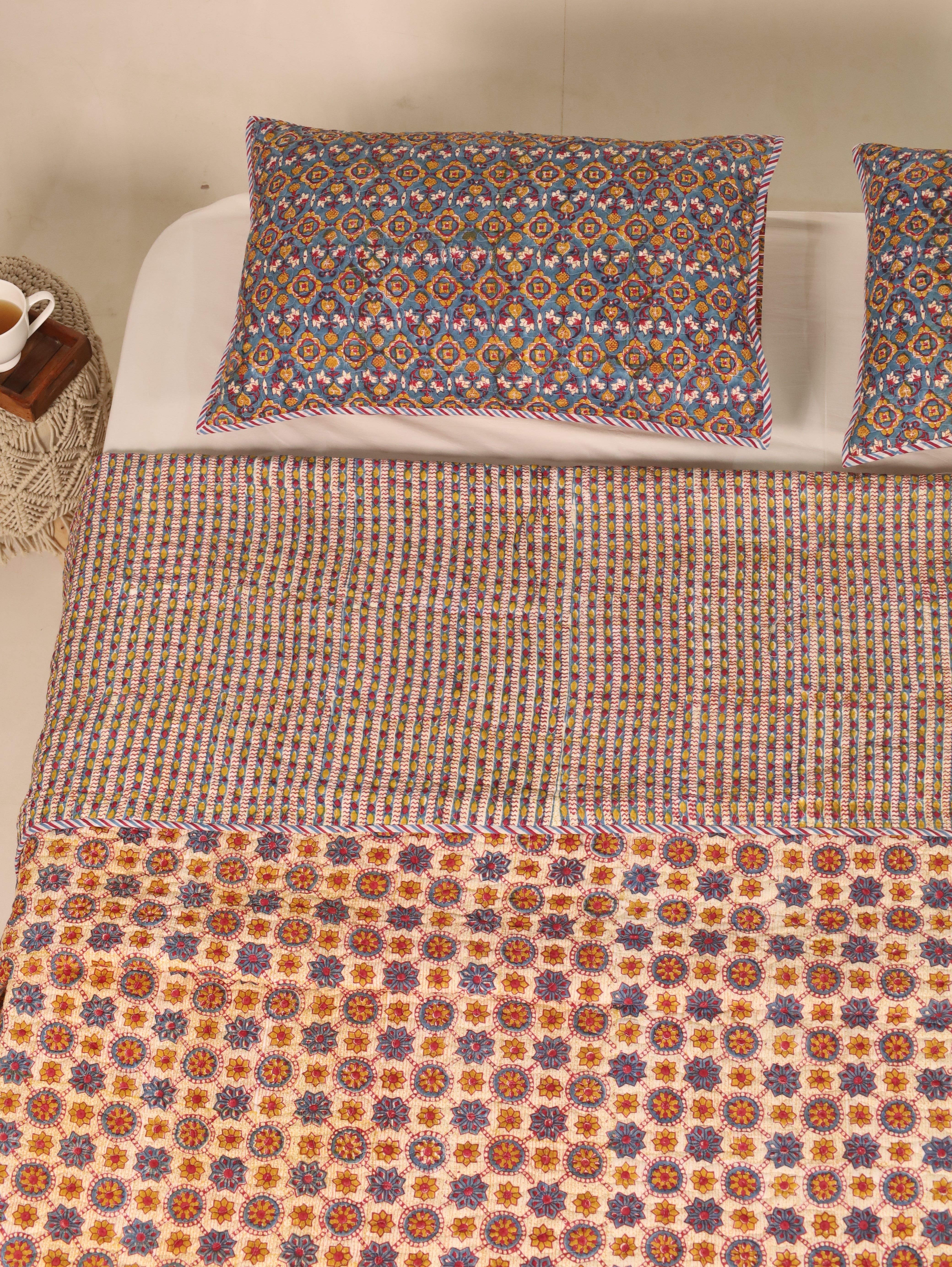 Blue and Off White Quiltted Reversible Bedcover