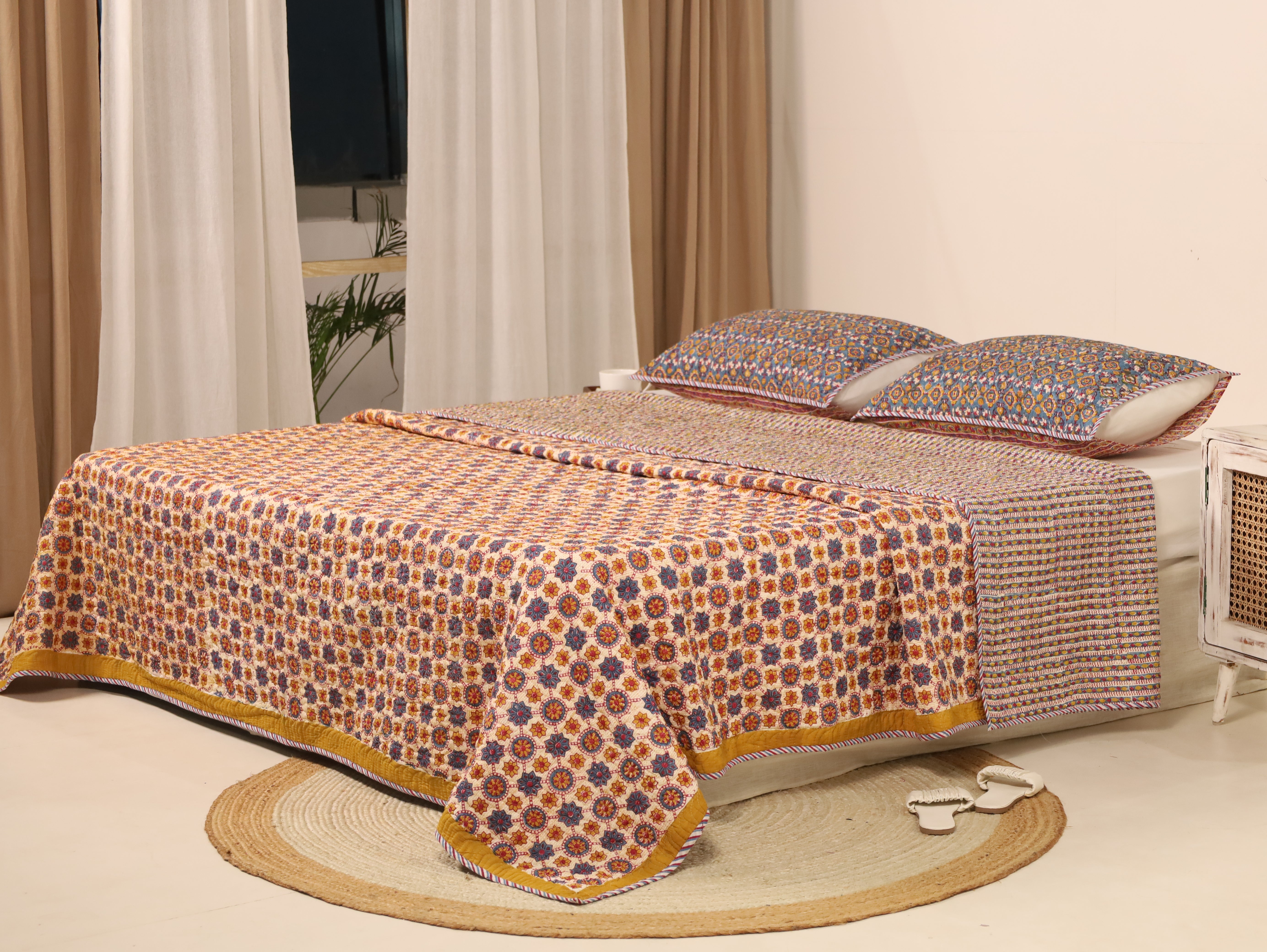 Blue and Off White Quiltted Reversible Bedcover