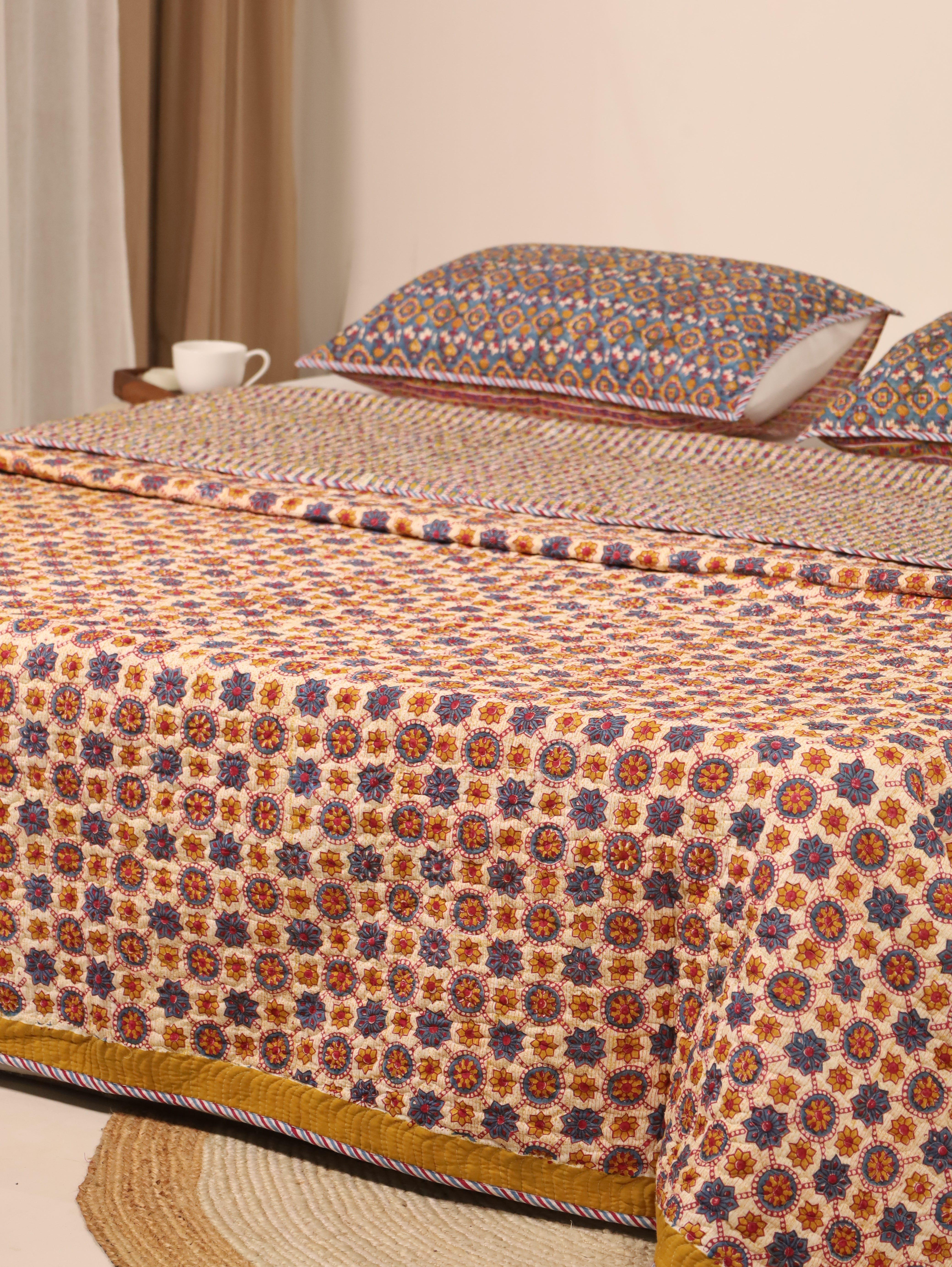Blue and Off White Quiltted Reversible Bedcover