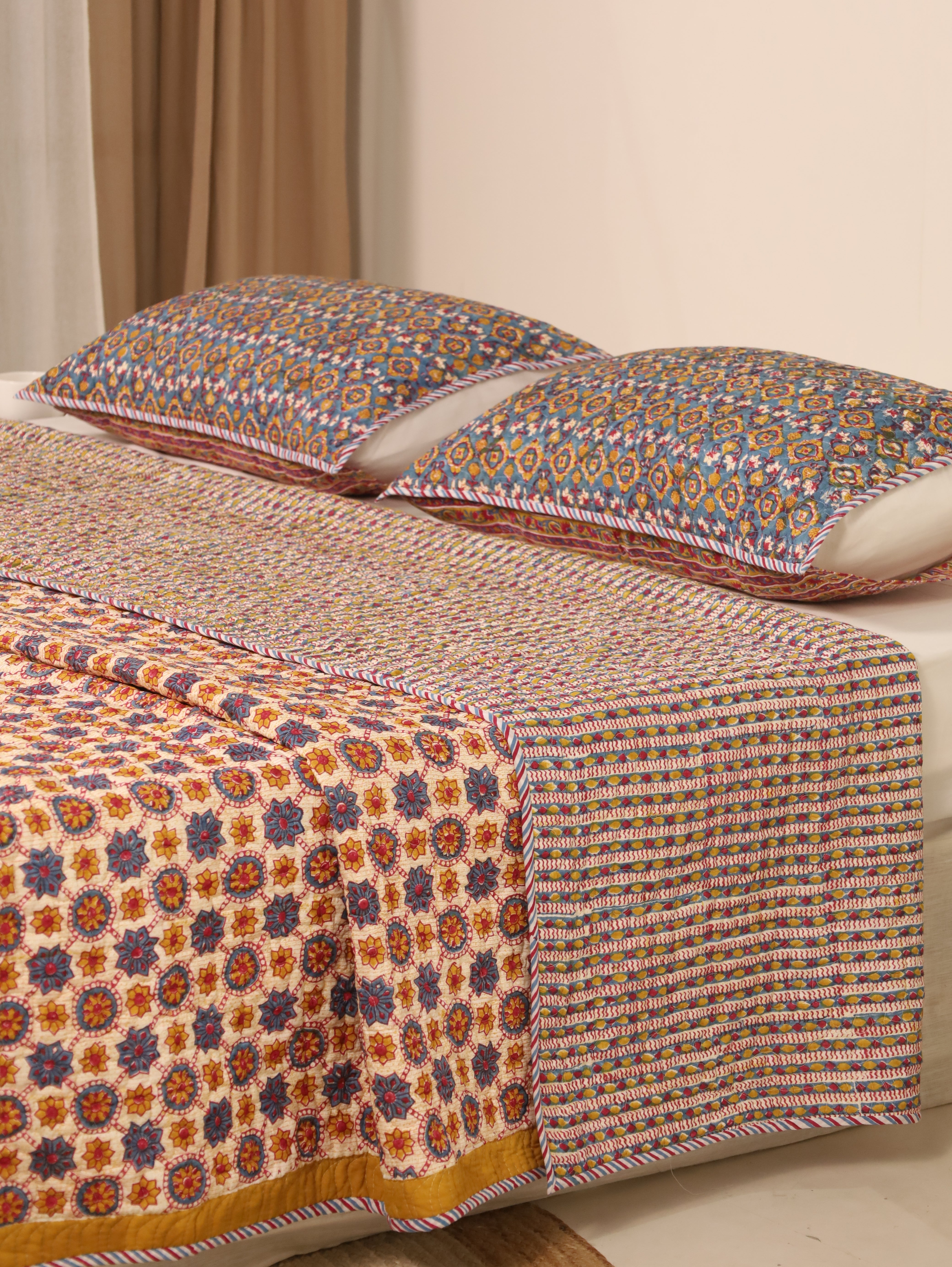 Blue and Off White Quiltted Reversible Bedcover