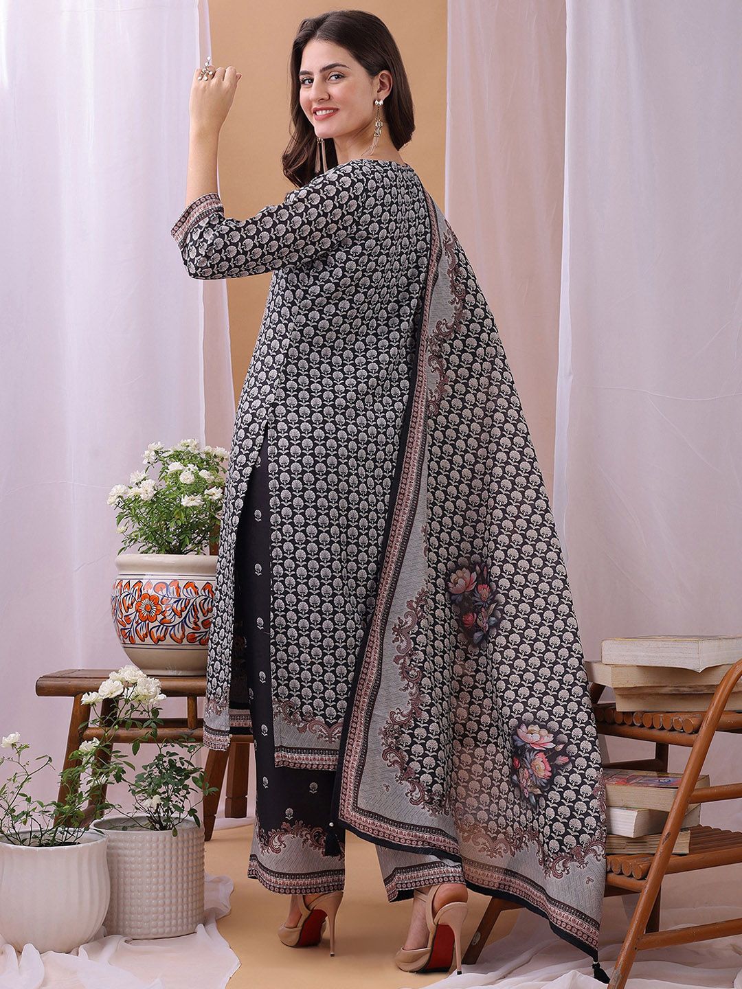 Label Khoj Women's Black Silk Blend Handwork Kurta with Pant and Black Dupatta
