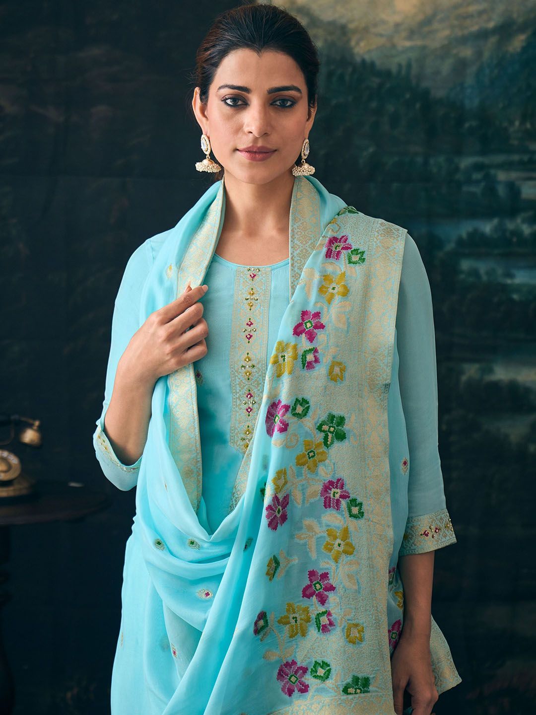 Label khoj Pure viscose Georgette silk with heavy Meena and handwork kurta set