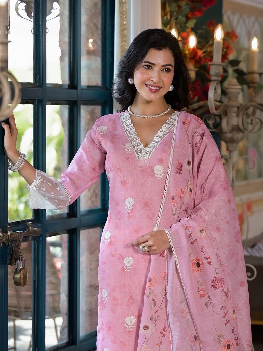 Label Khoj Women Lilen Digital print kurta, trouser and dupptta set