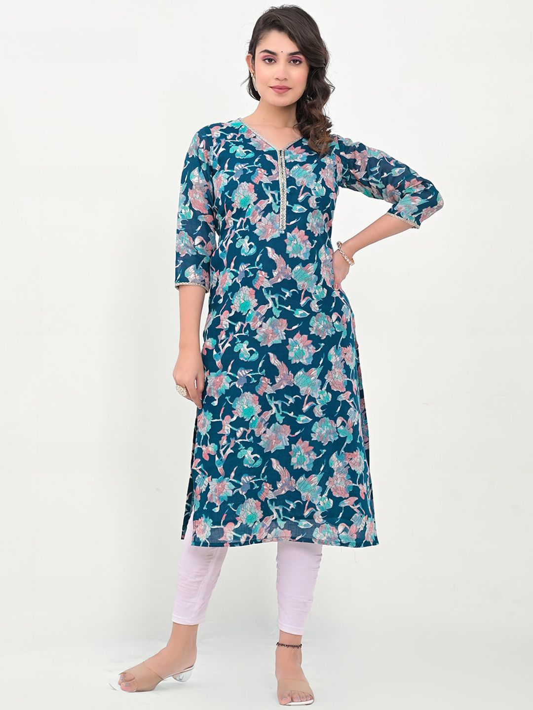 Label Khoj Women Linen Blue Floral Kurta