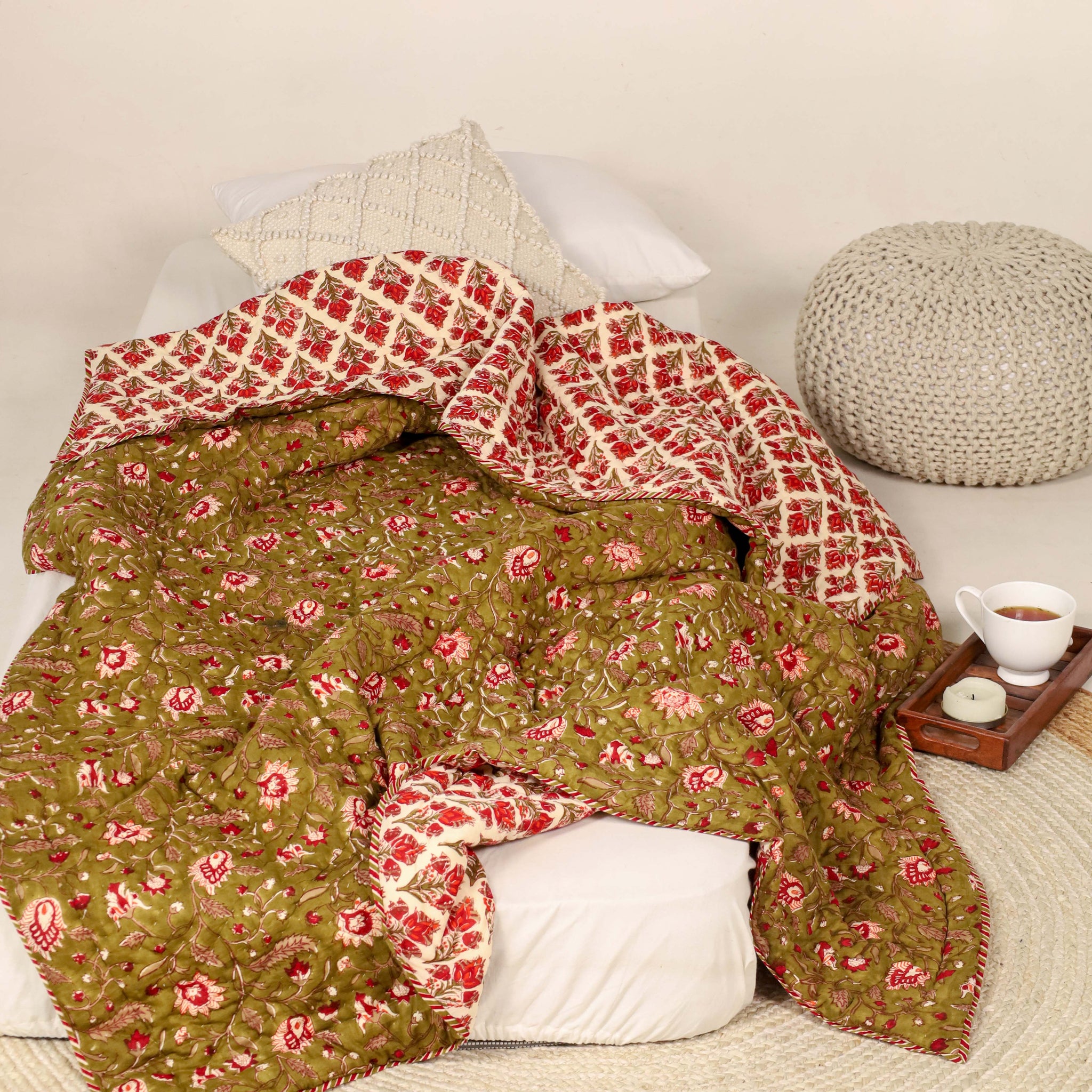 Olive Green and Red Single Bed Reversible Quilted Razai