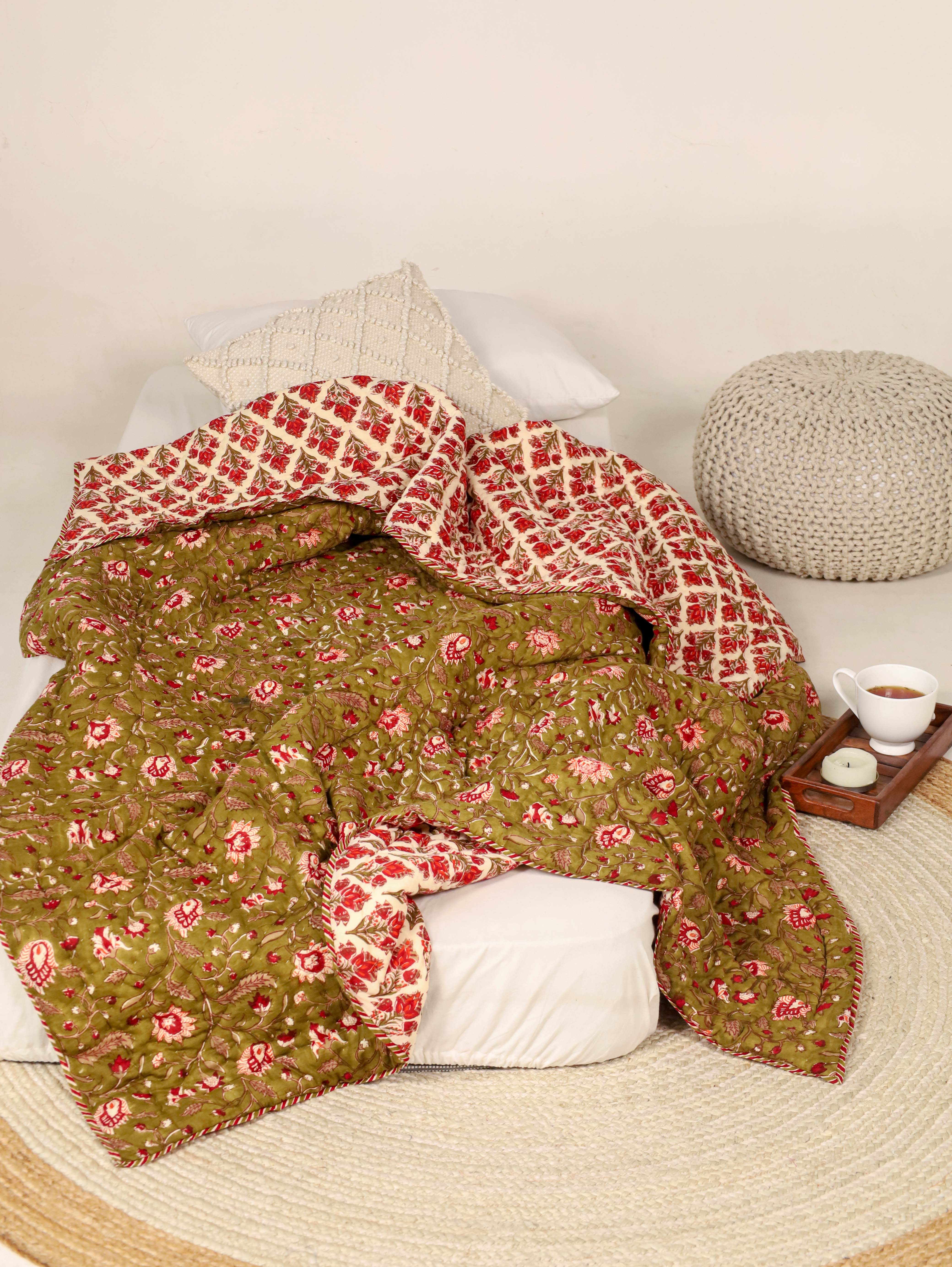 Olive Green and Red Single Bed Reversible Quilted Razai