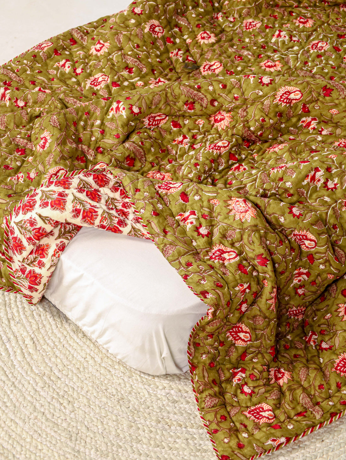 Olive Green and Red Single Bed Reversible Quilted Razai
