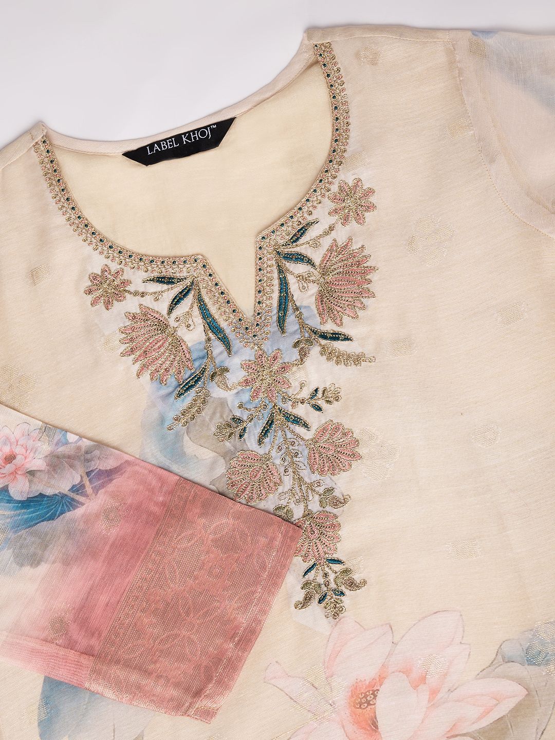 Label Khoj Women Silk Jacqured  Embroidery  Work Cream Color Kurta & Bottom With Dupatta  Set