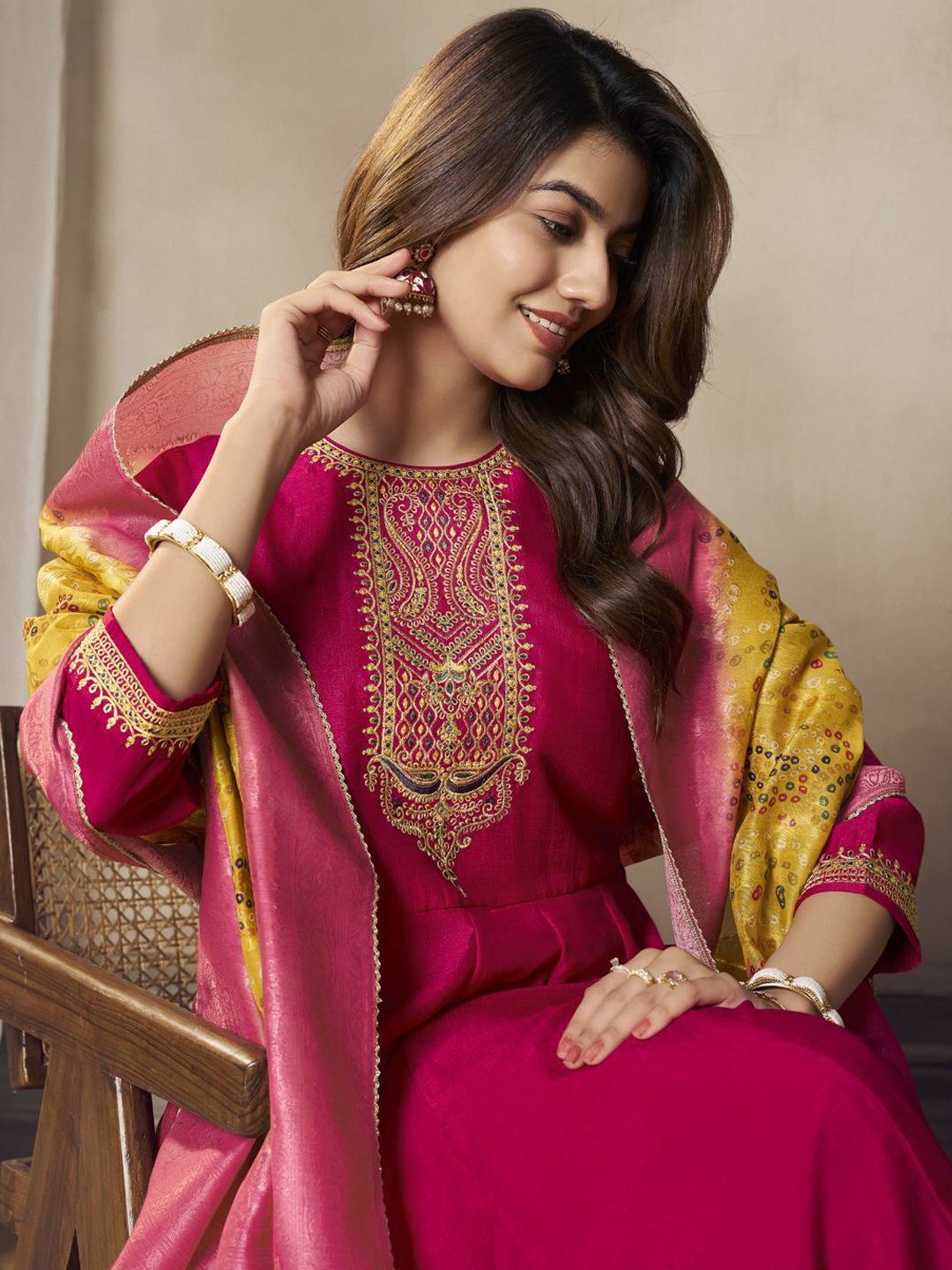 Label khoj Beautiful Anarkali kurta With Pant and Dupatta Set rani Color