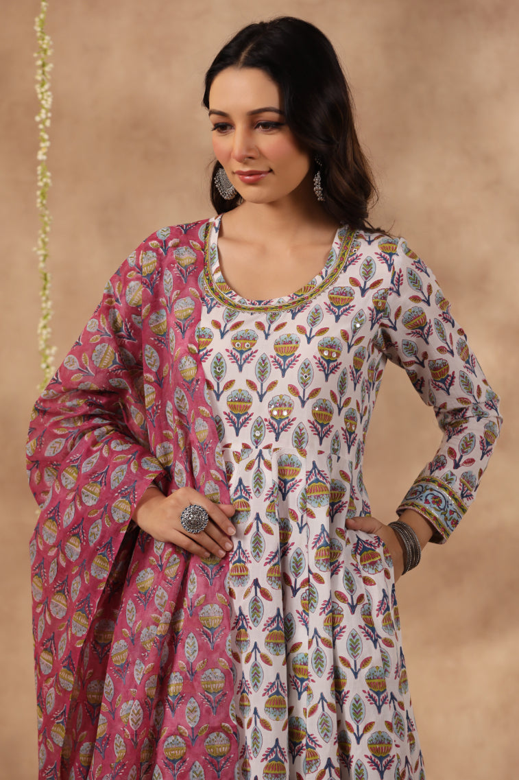 Shuddhi White and Teal aNarkali Kurta with Chanderi Duppata