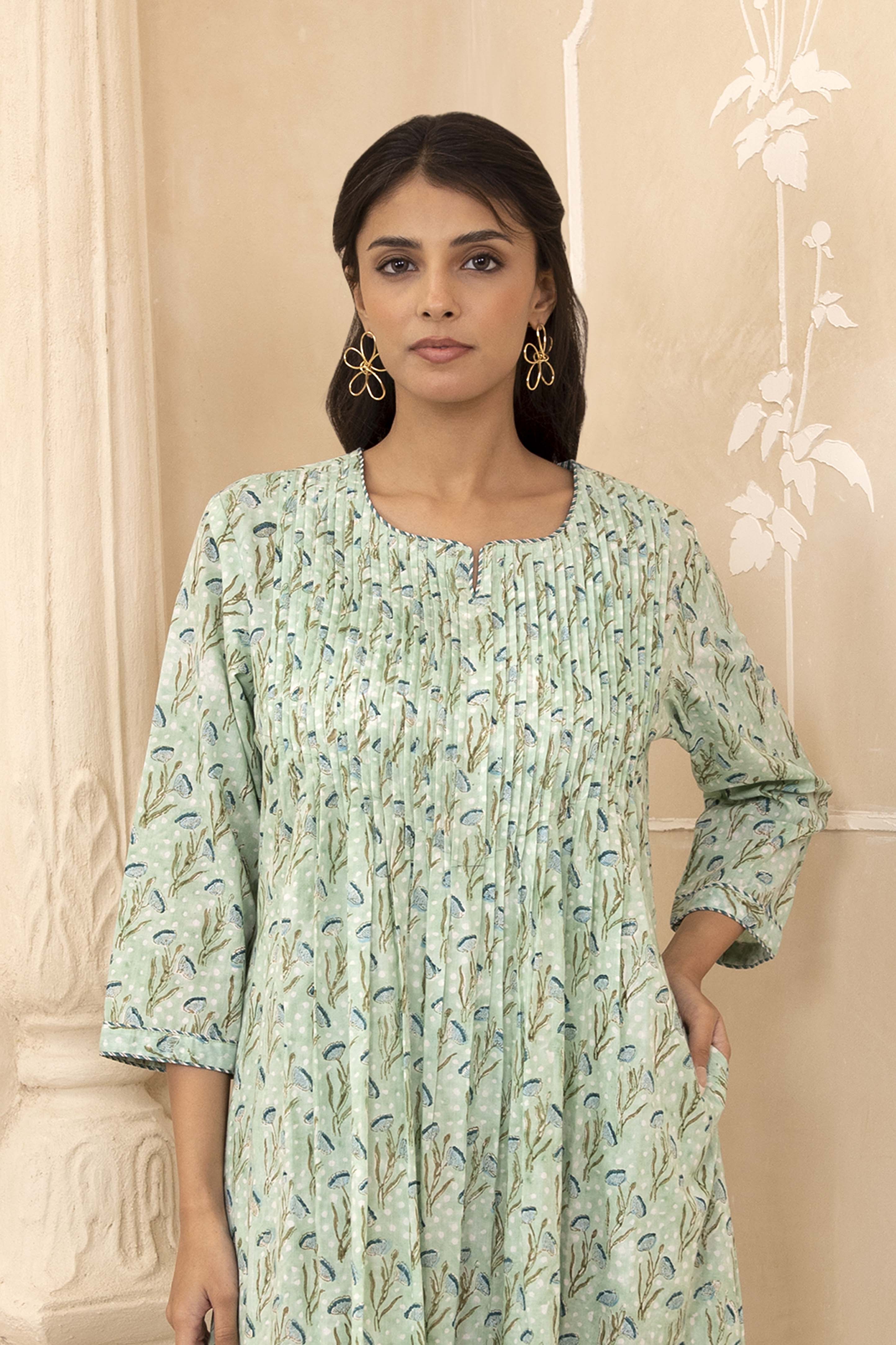 Mint Green Handblock Pleated Dress