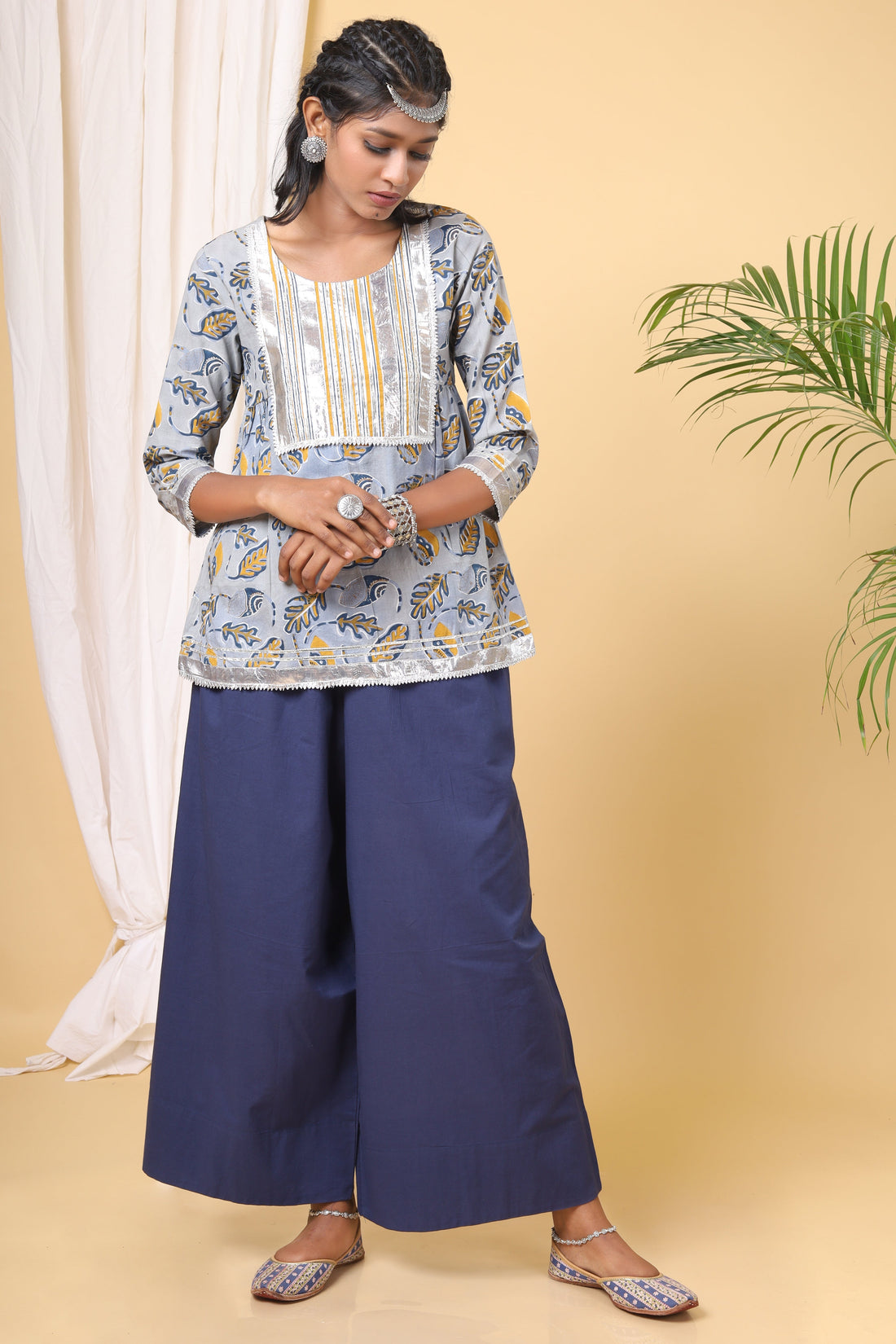 Water Chestnut White Venation Pattern Hand Block Printed Tier Top