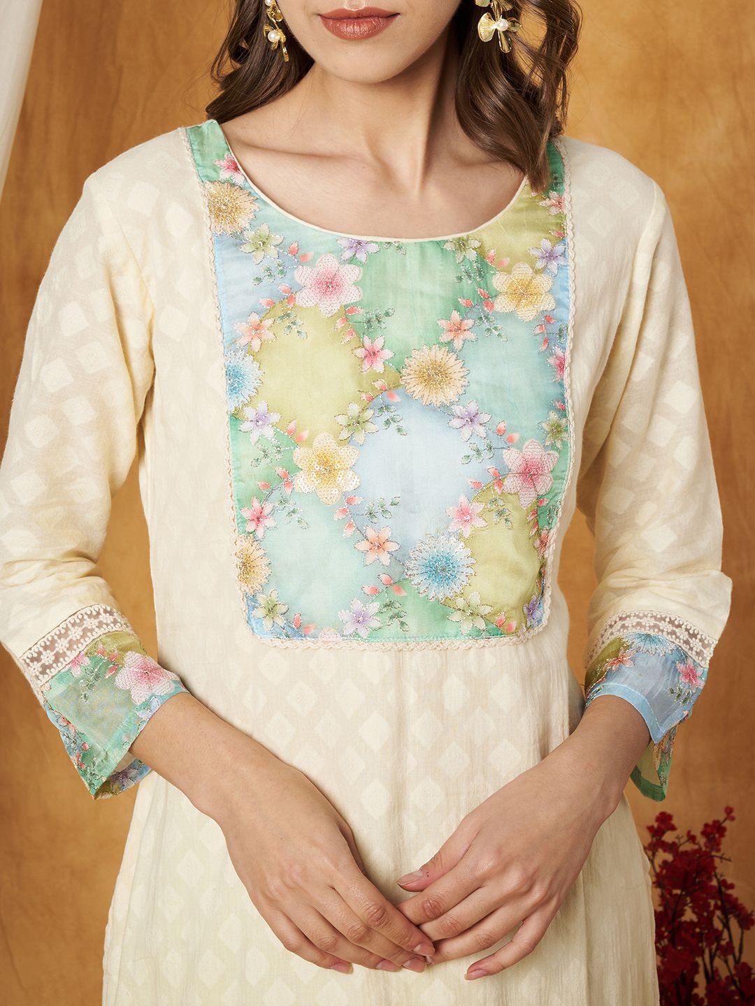 Label Khoj Women's Green Cotton Jacquard Patch Work Kurta with Pant and Dupatta