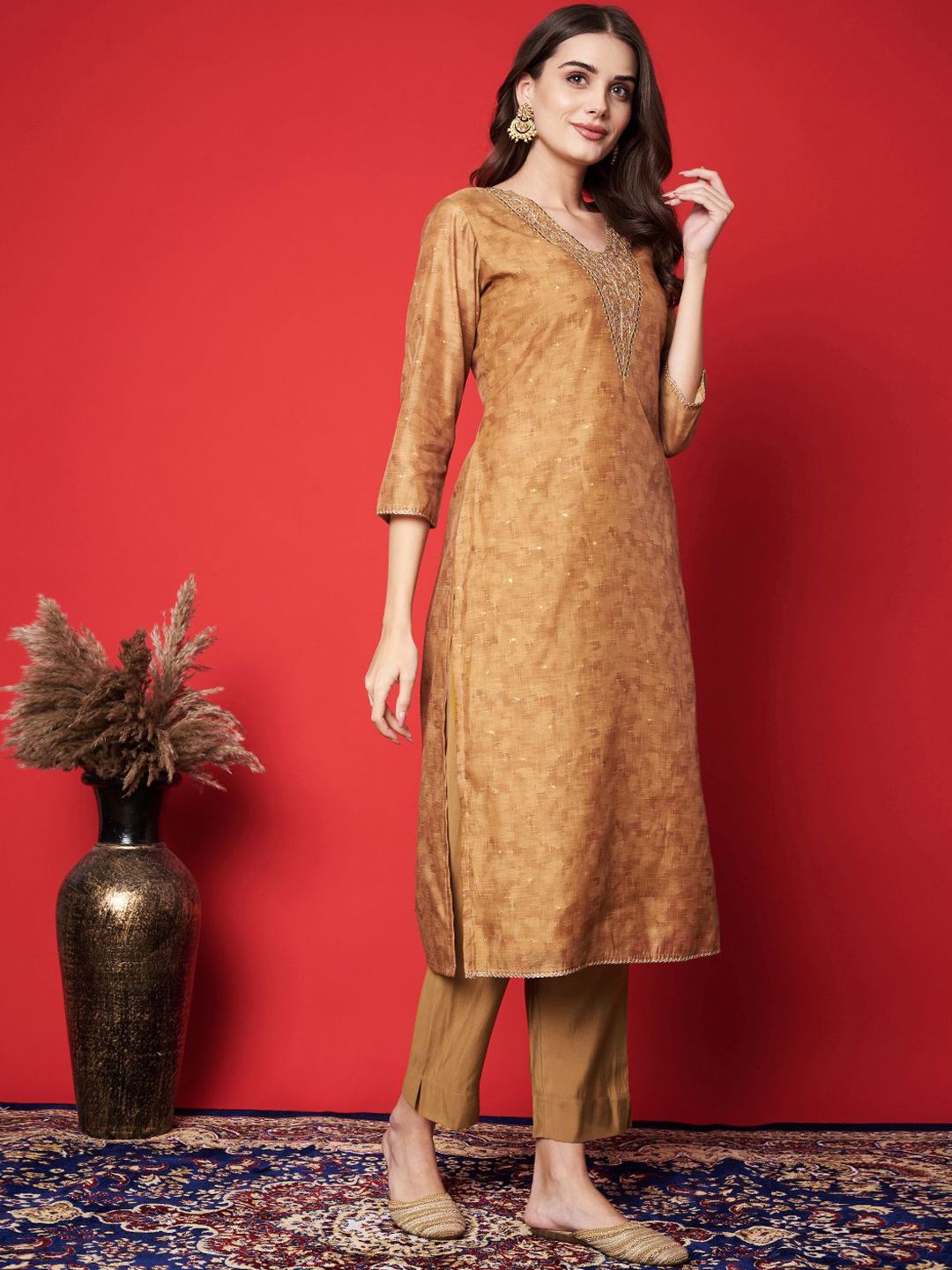 Label khoj chanderi kurta with bottom and dupptta setGold Color