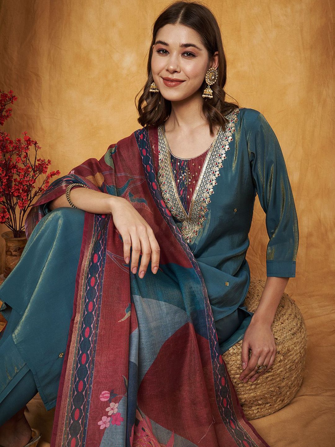 Label Khoj Women's Grey Silk Blend Embroidery Kurta with Pant and Dupatta