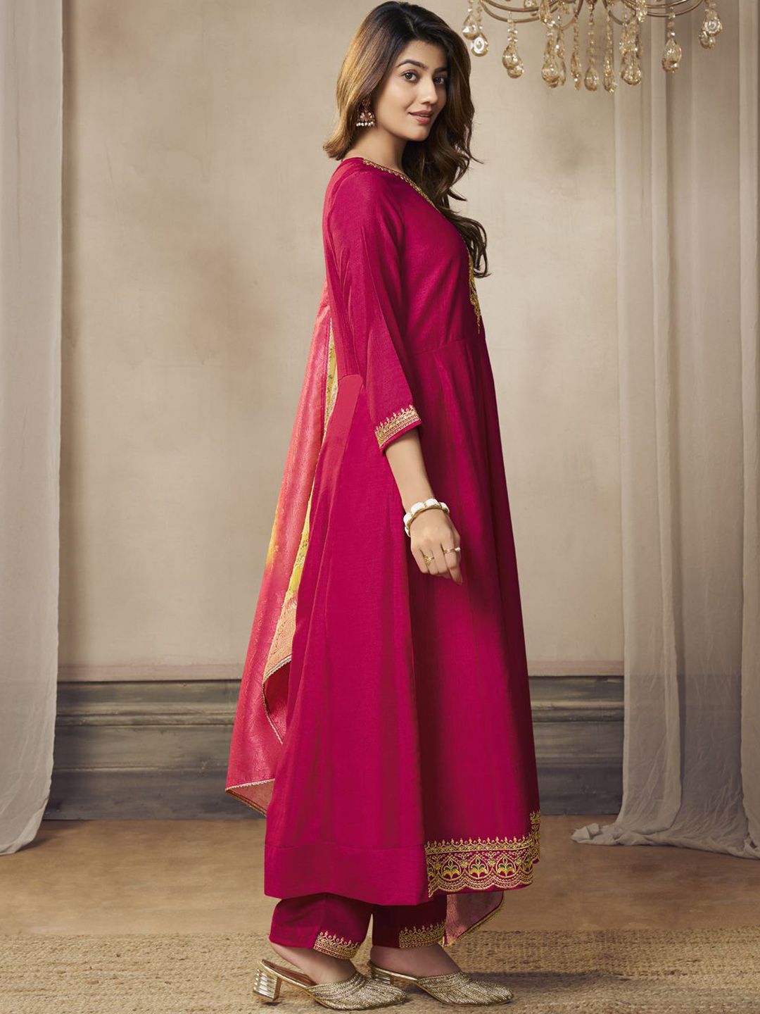 Label khoj Beautiful Anarkali kurta With Pant and Dupatta Set rani Color