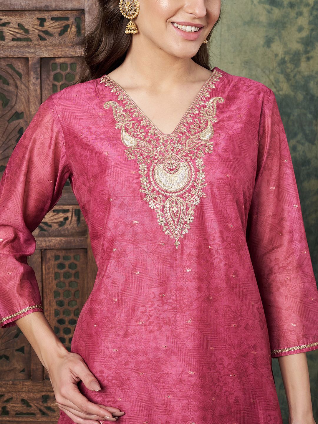 Label Khoj Women's Gajari Chanderi Embroidered Kurta with Pant and Gajari Dupatta