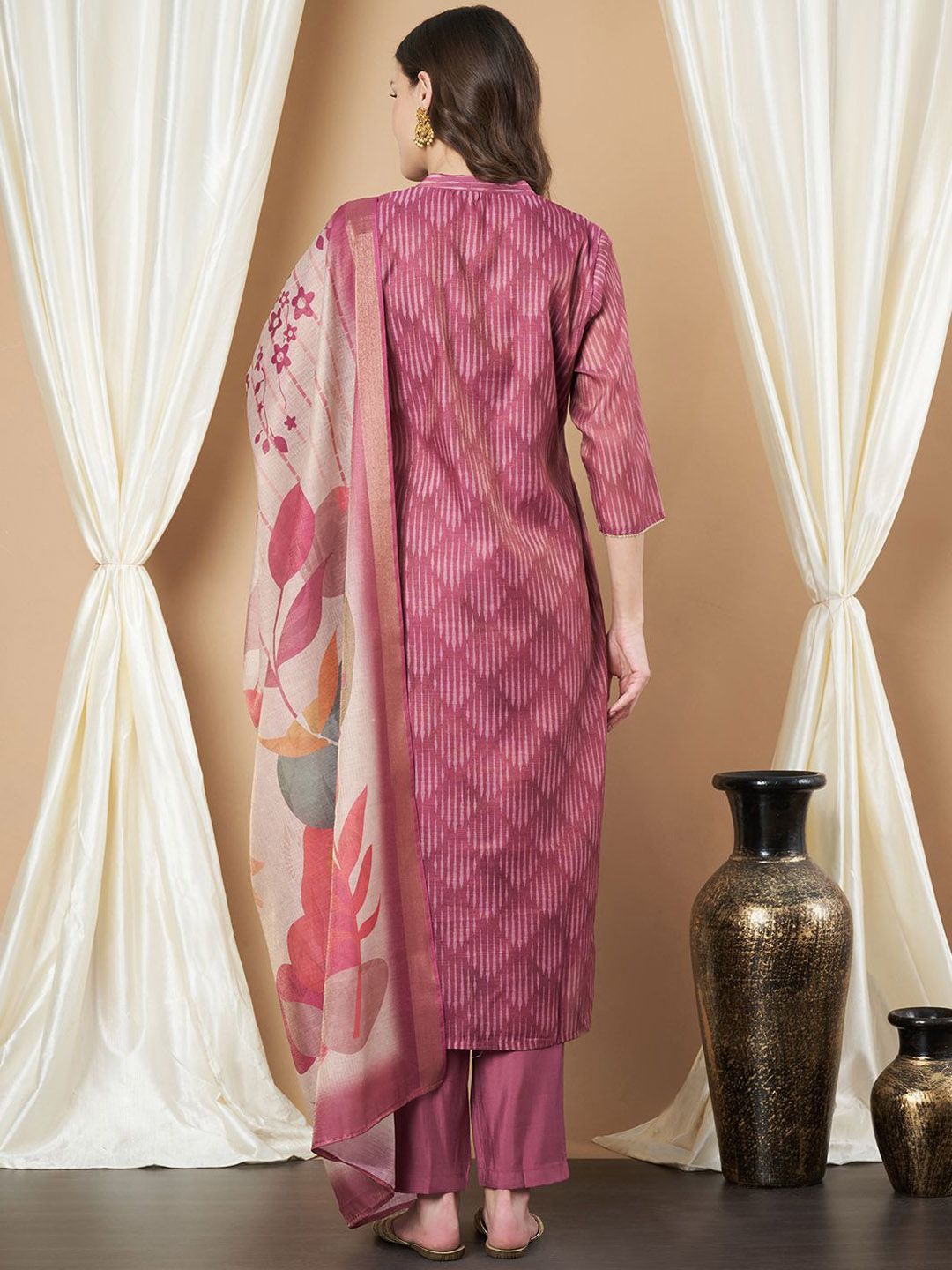 Label Khoj Women's Gajari Chanderi Button Embellished Kurta with Pant and Gajari Dupatta