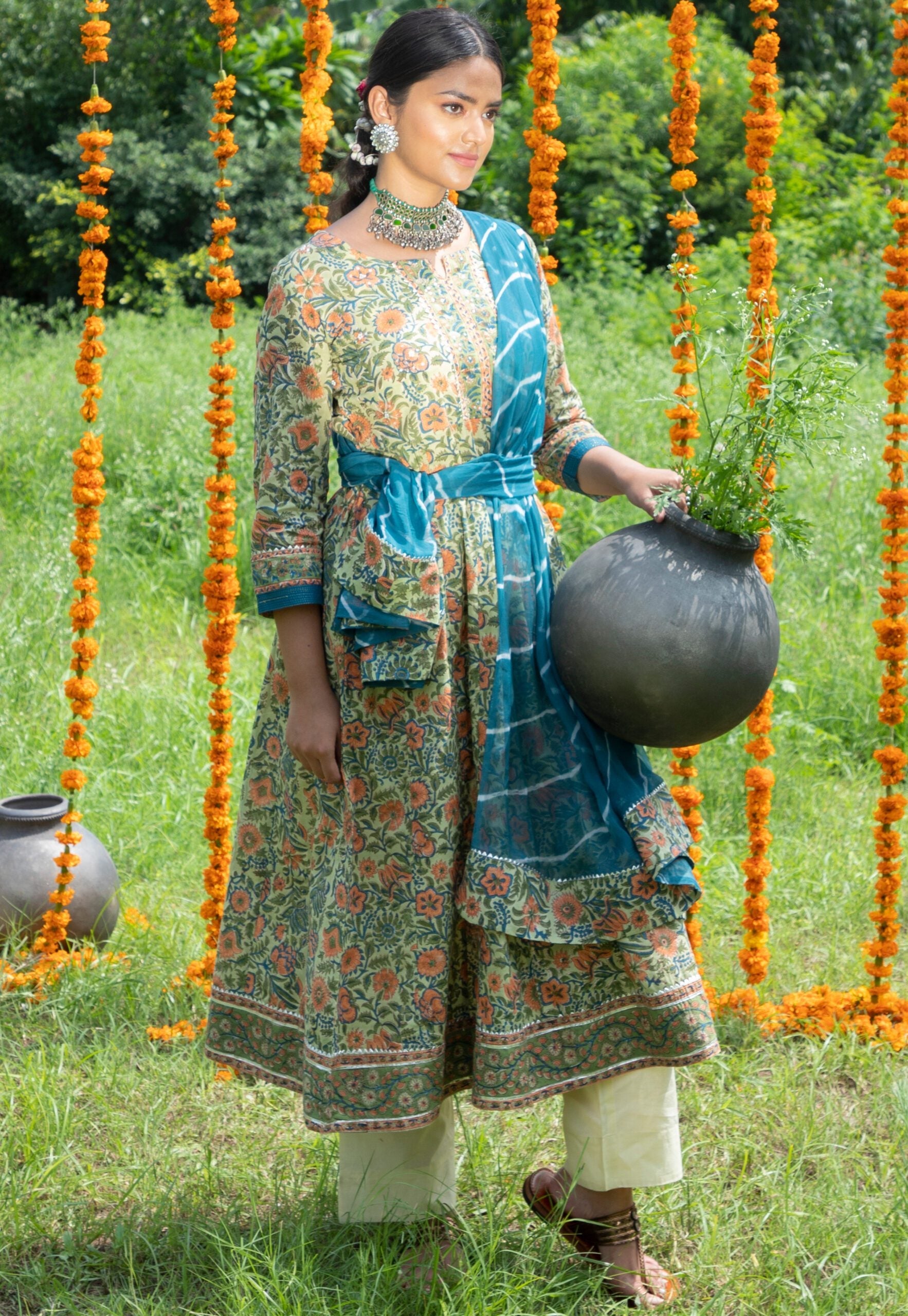 Shuddhi Green And Orange Anarkali And Duppatta Set