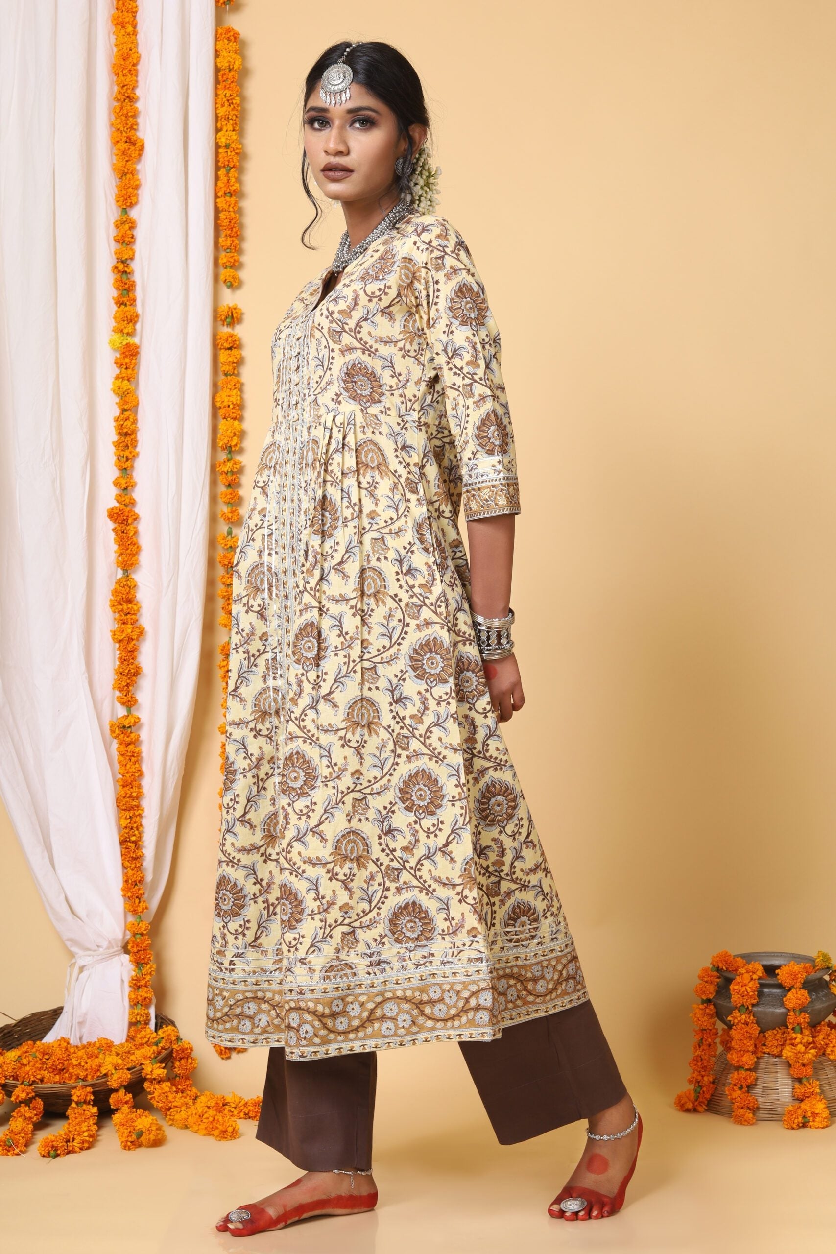 Beige and Brown Aline Handblock printed Kurta