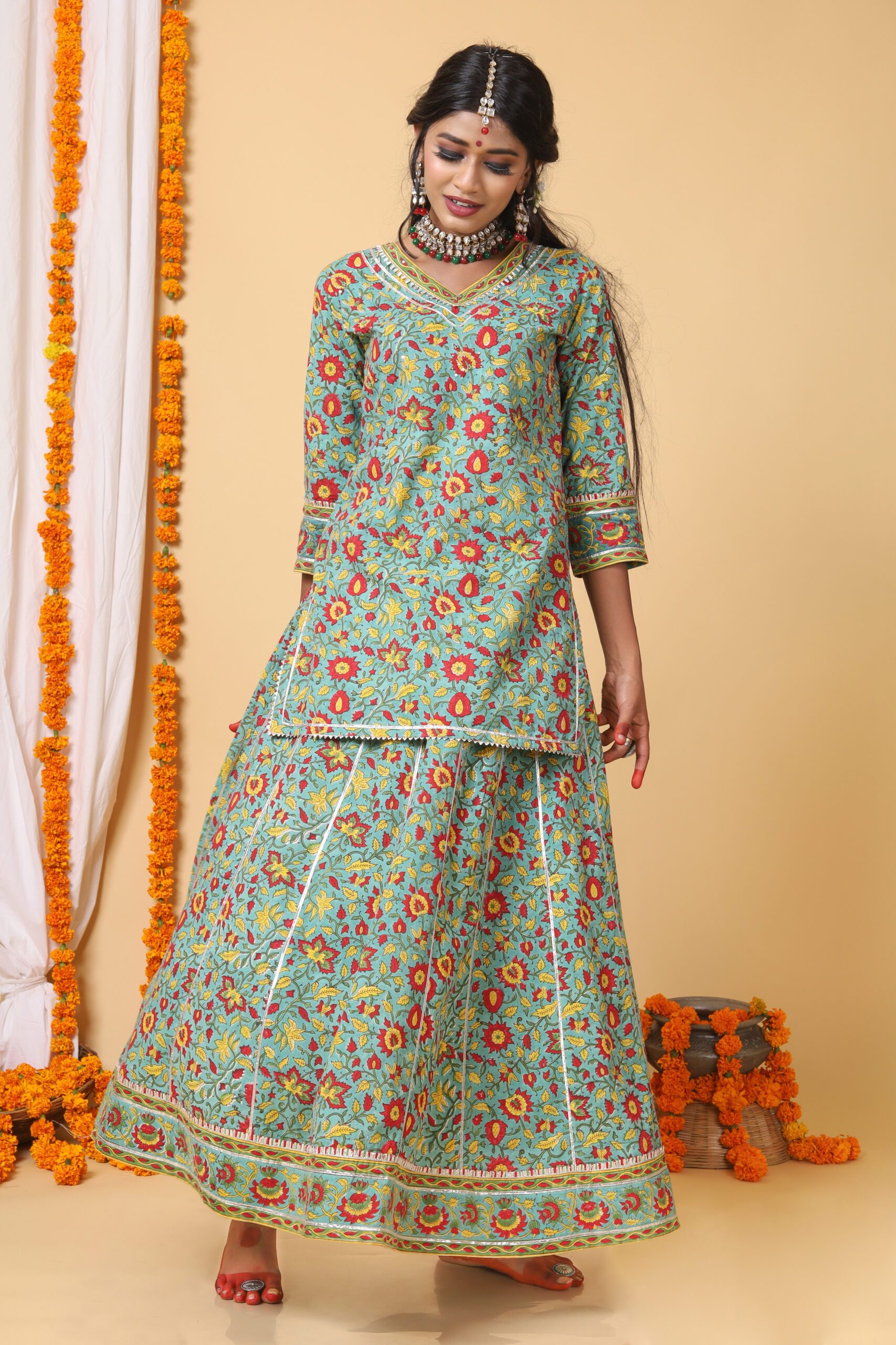 Sea Green and red handblock printed skirt, kurta and Duppatta set