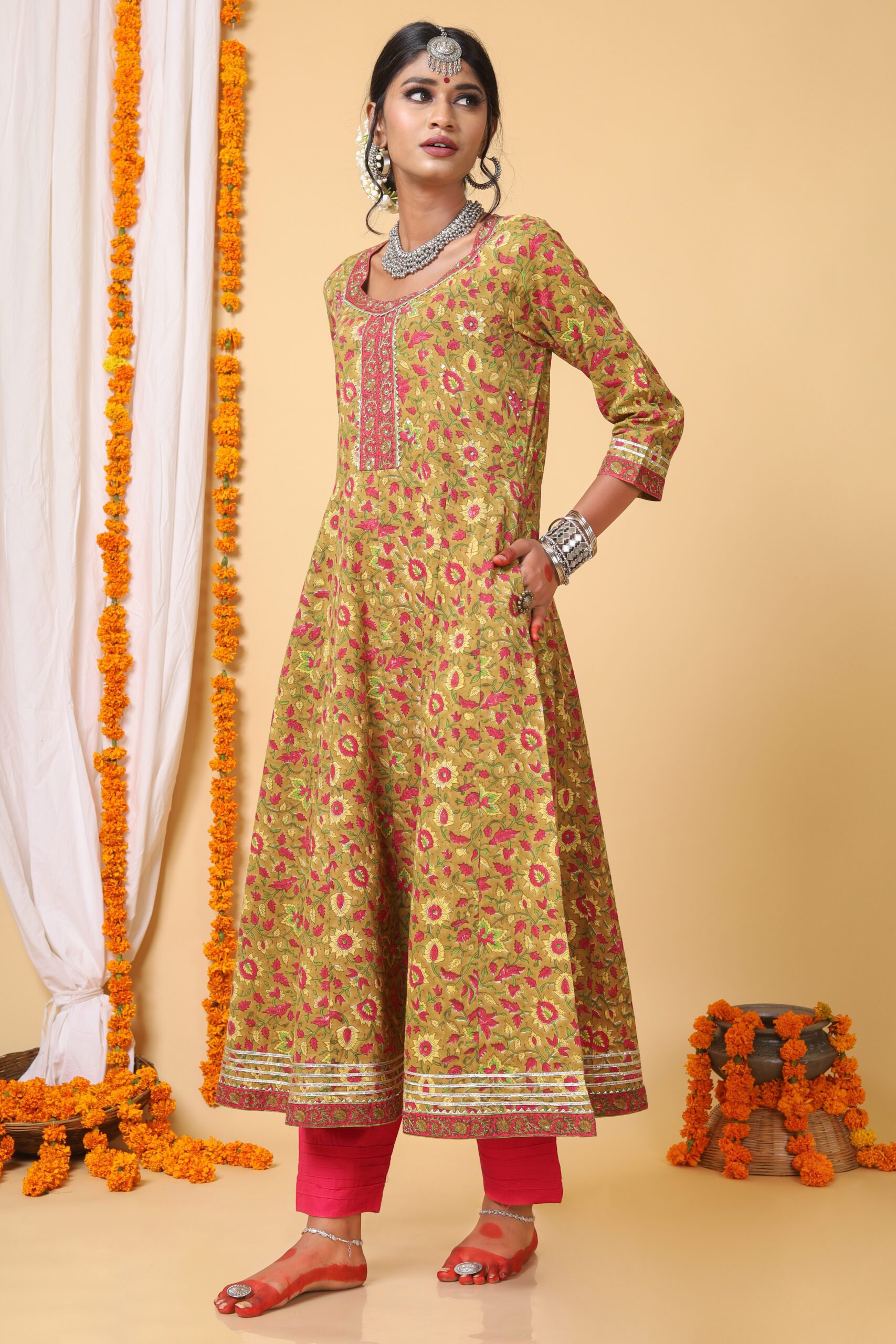 Mustard and Yellow Handblock Printed Anarkali With Bhandej Duppatta