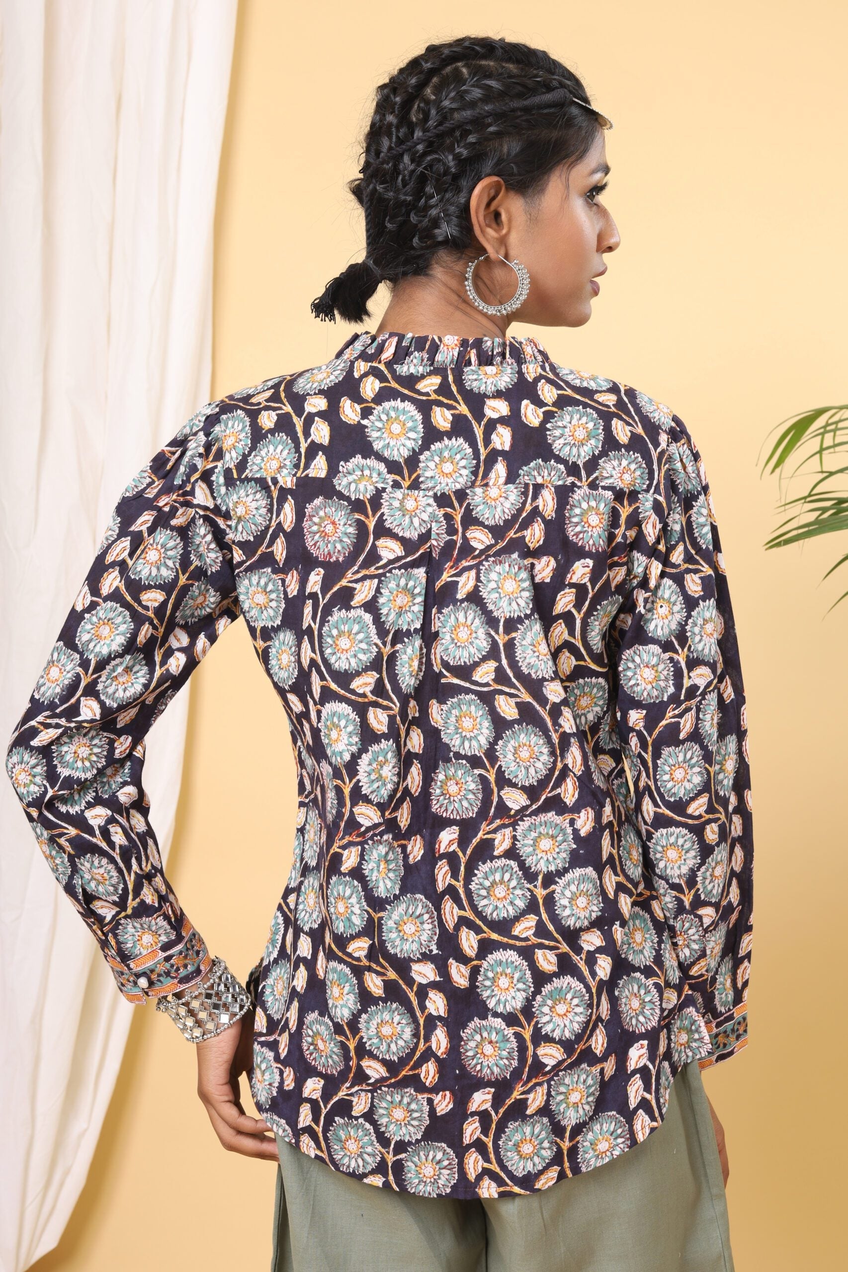 Black Handblock Printed Floral Shirt Button Down Top