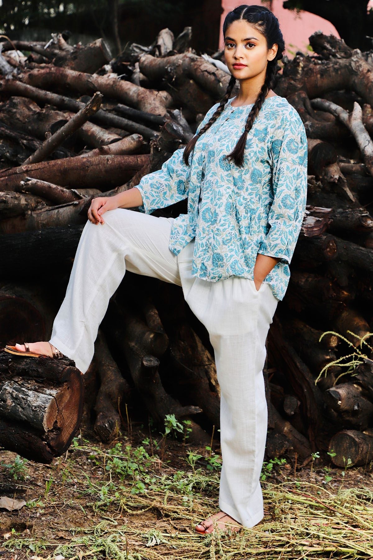 Off white and sea green handblock printed double top.