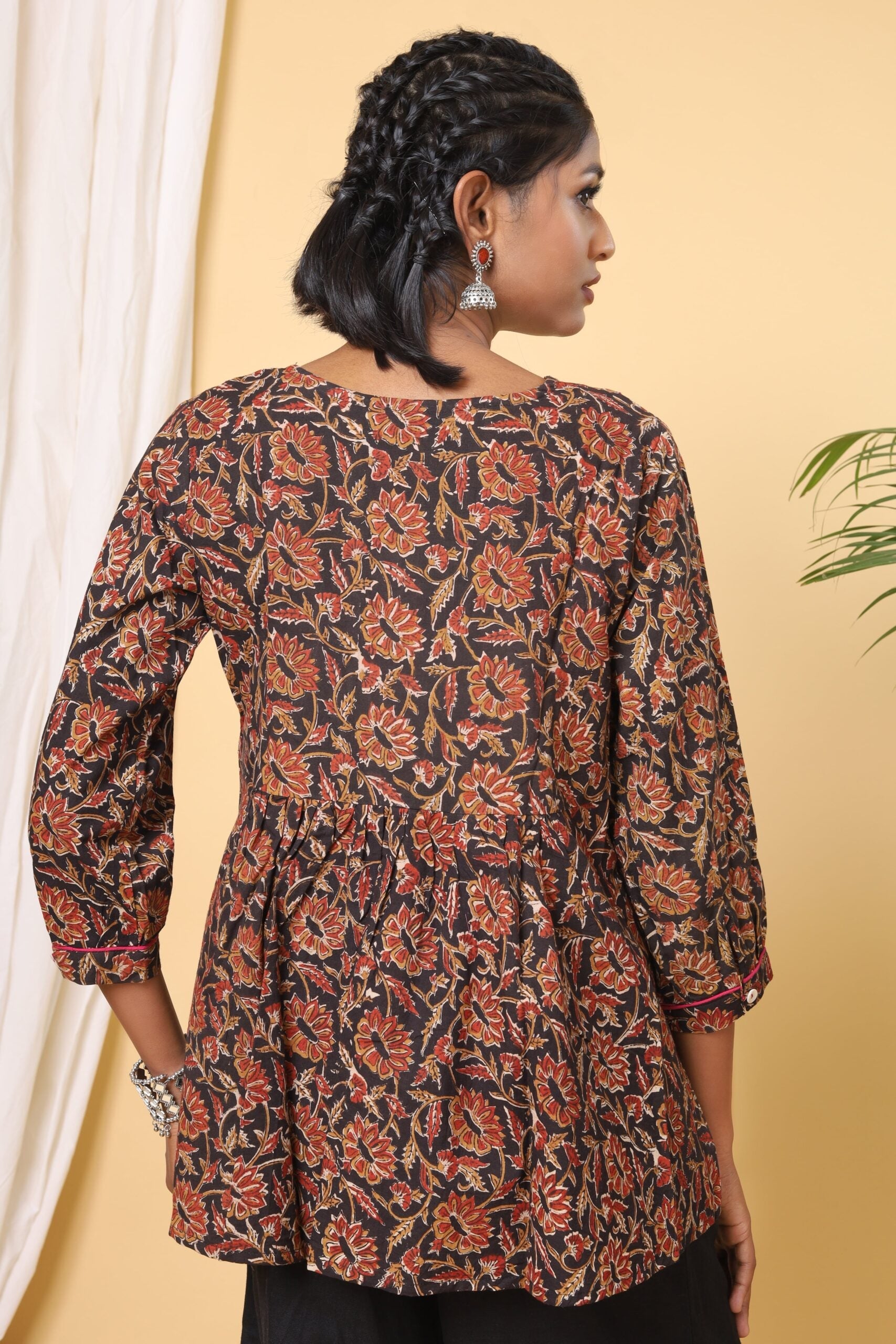 Black Floral Handblock Printed Short Top