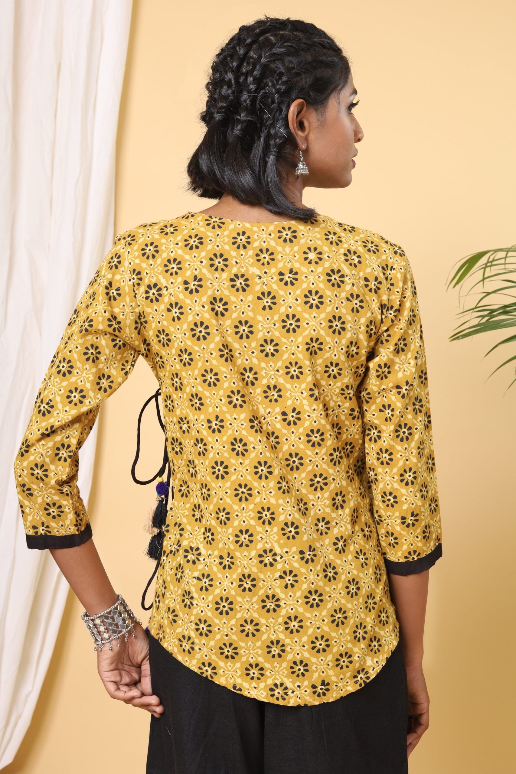 Mustard Ajarakh Handblock Print With Floral Jaal Short Top