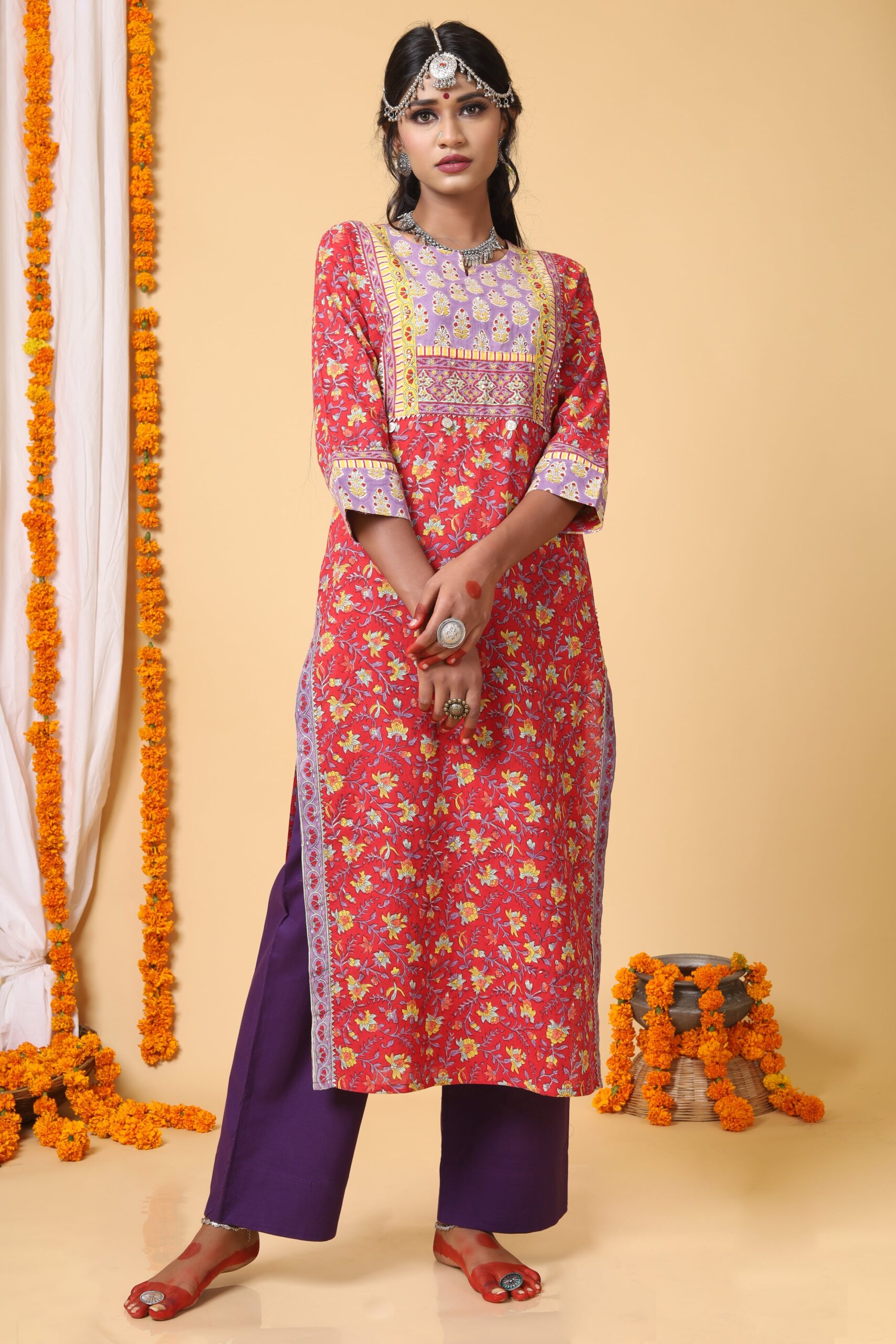 Red and Yellow Handblock Printed kurta with Kota Duppatta