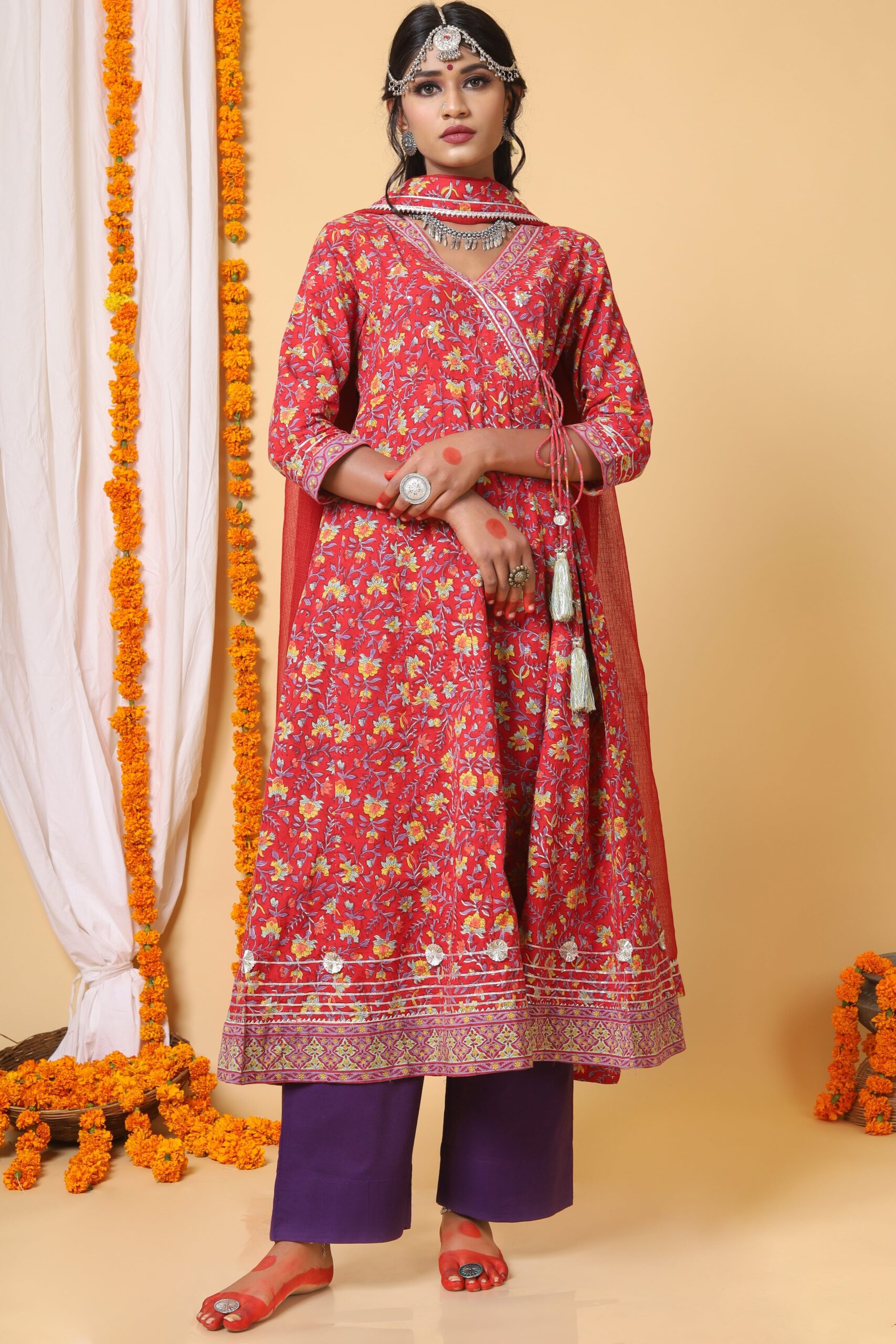 Red and Yellow Handblock Printed Anarkali with Kota Duppatta
