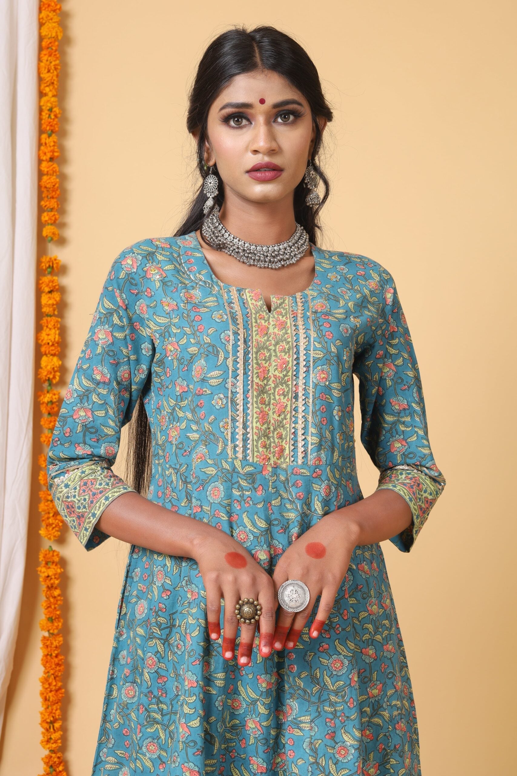 Teal Green and peach handblock printed anarkali with Chiffon Duppatta