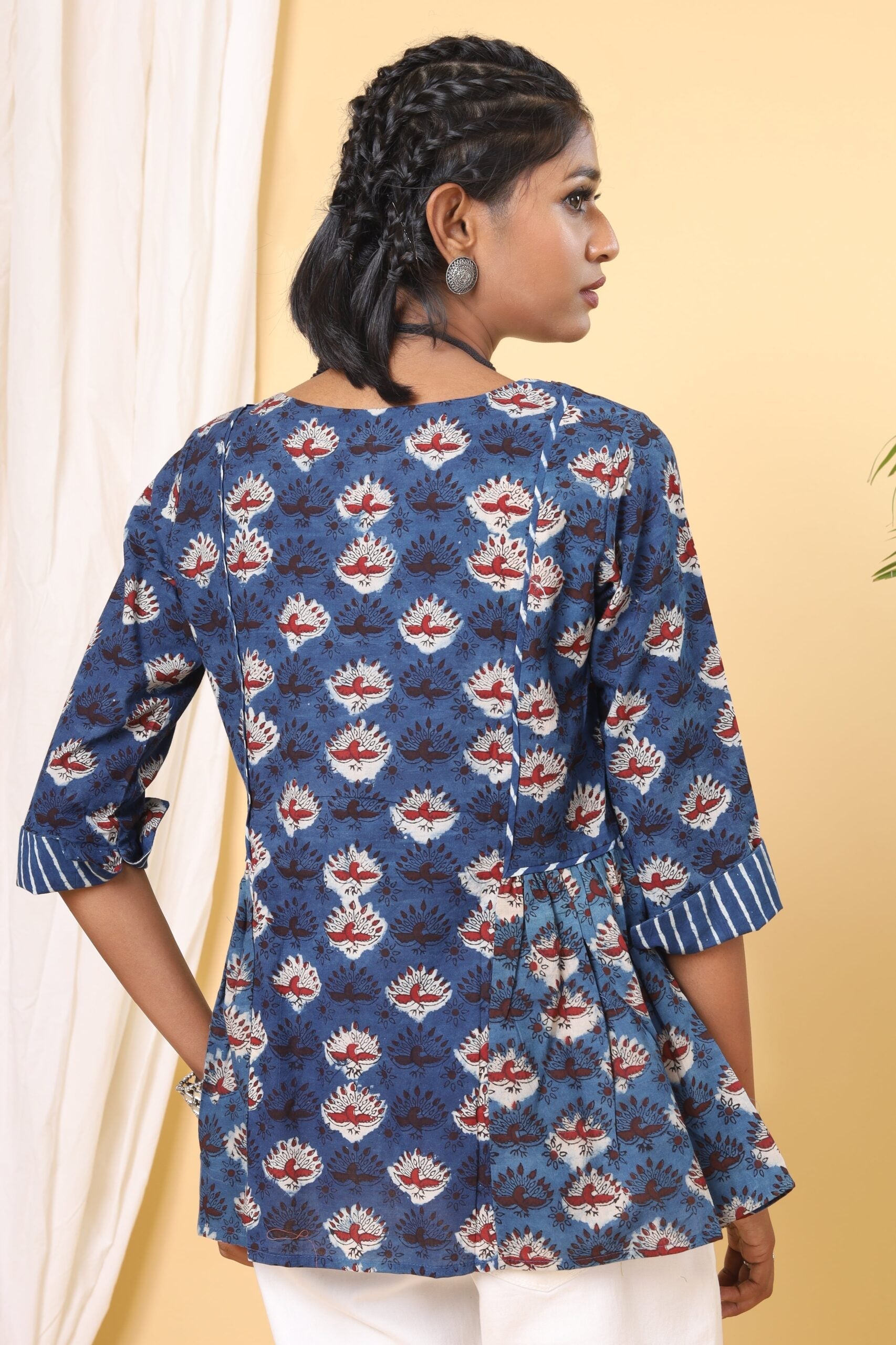 Indigo Blue Peacock Printed Handblock Short Top