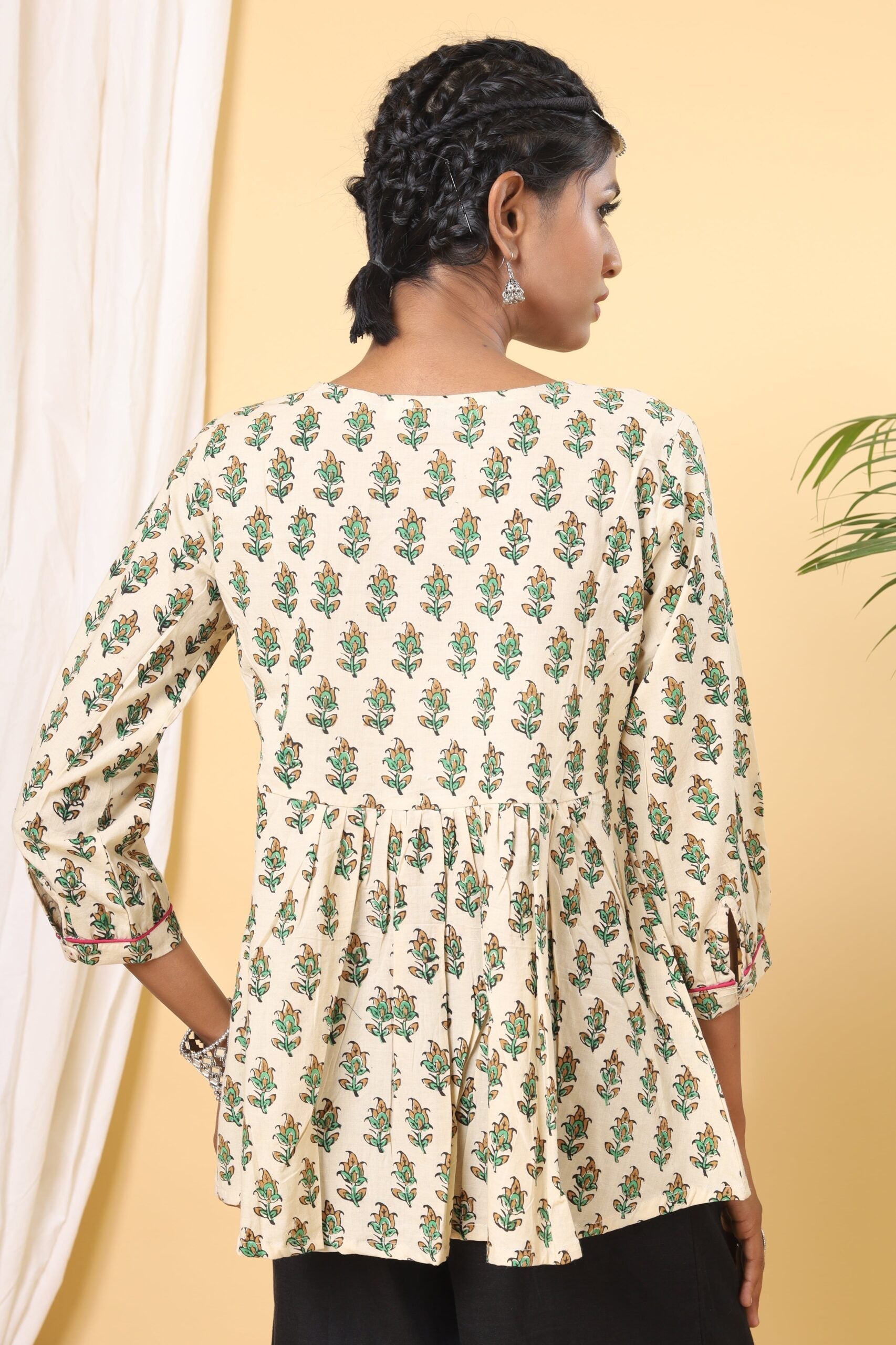Beige and Green handblock Printed Short top