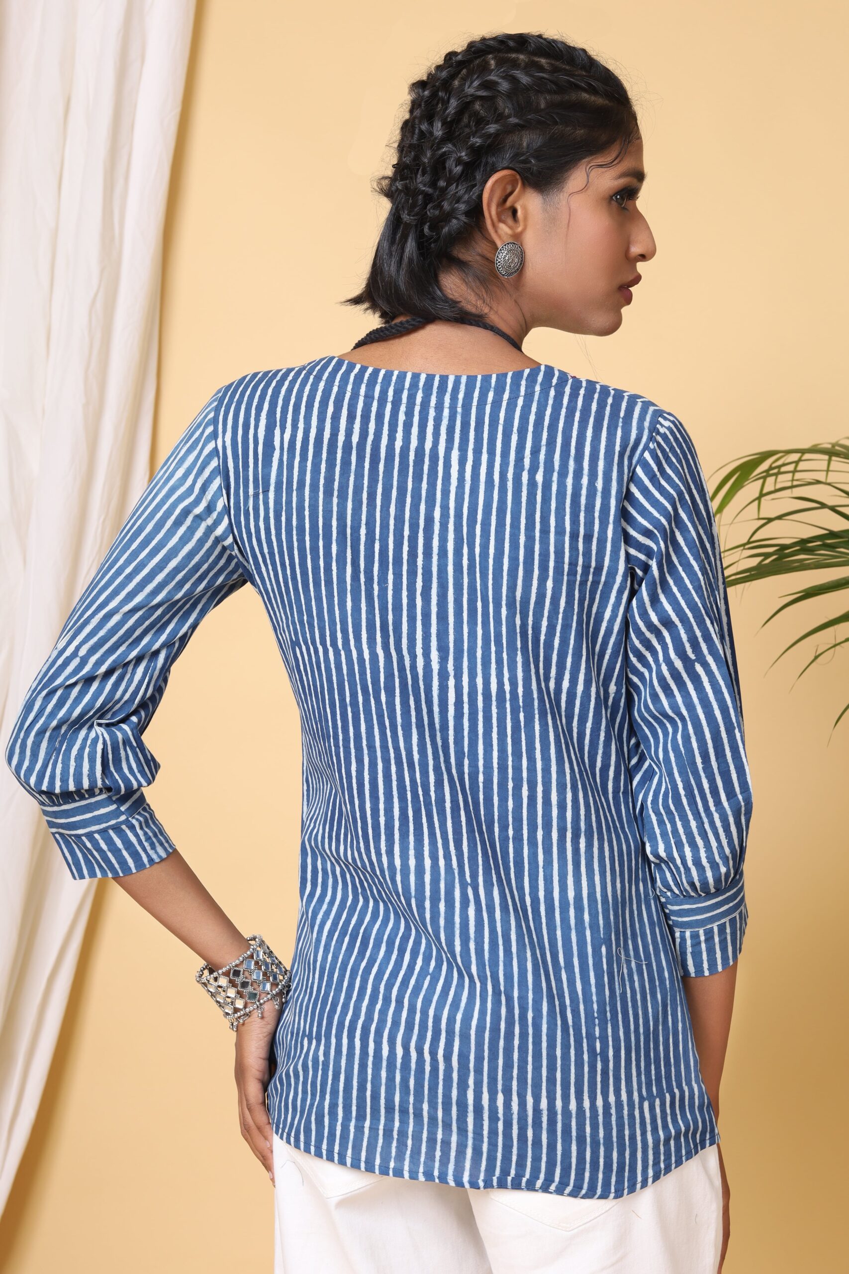Indigo Stripes Short Top with Thread Tagai
