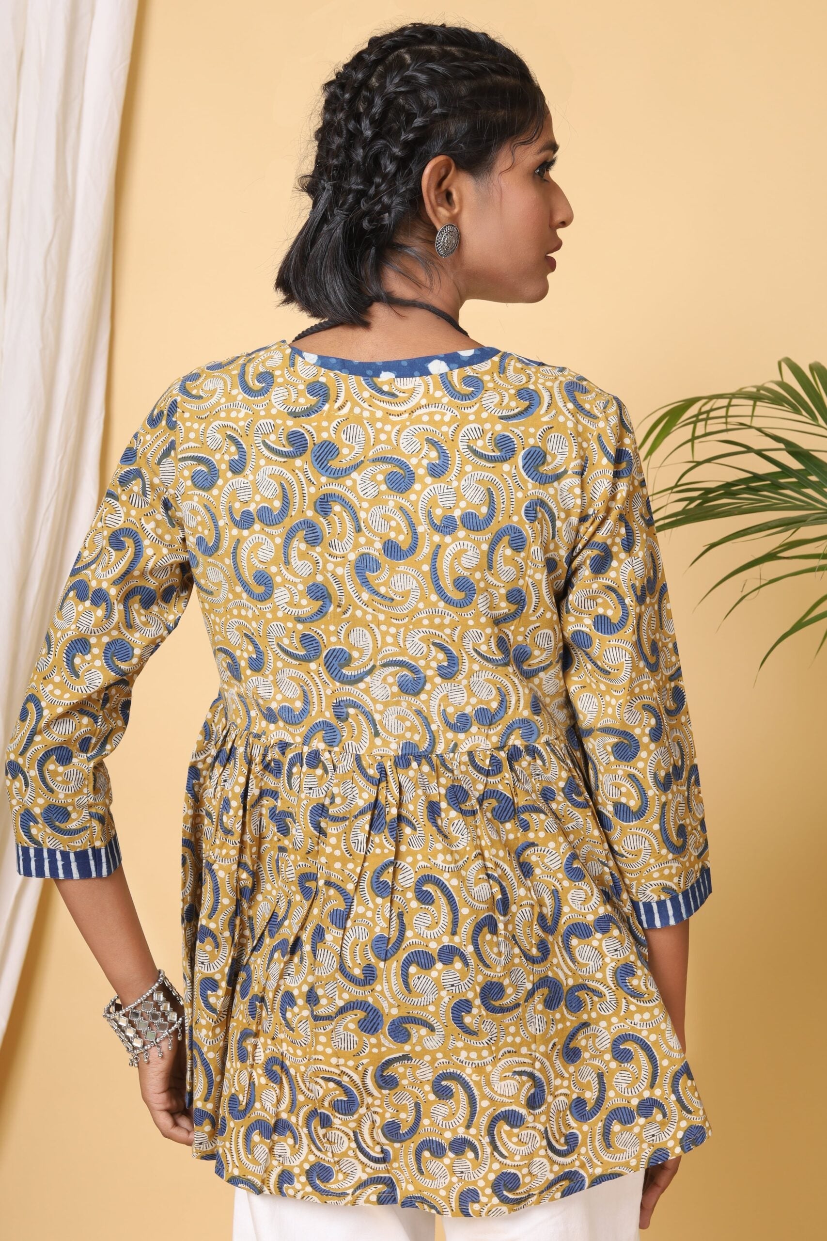 Mustard Handblock Printed Double Short Top