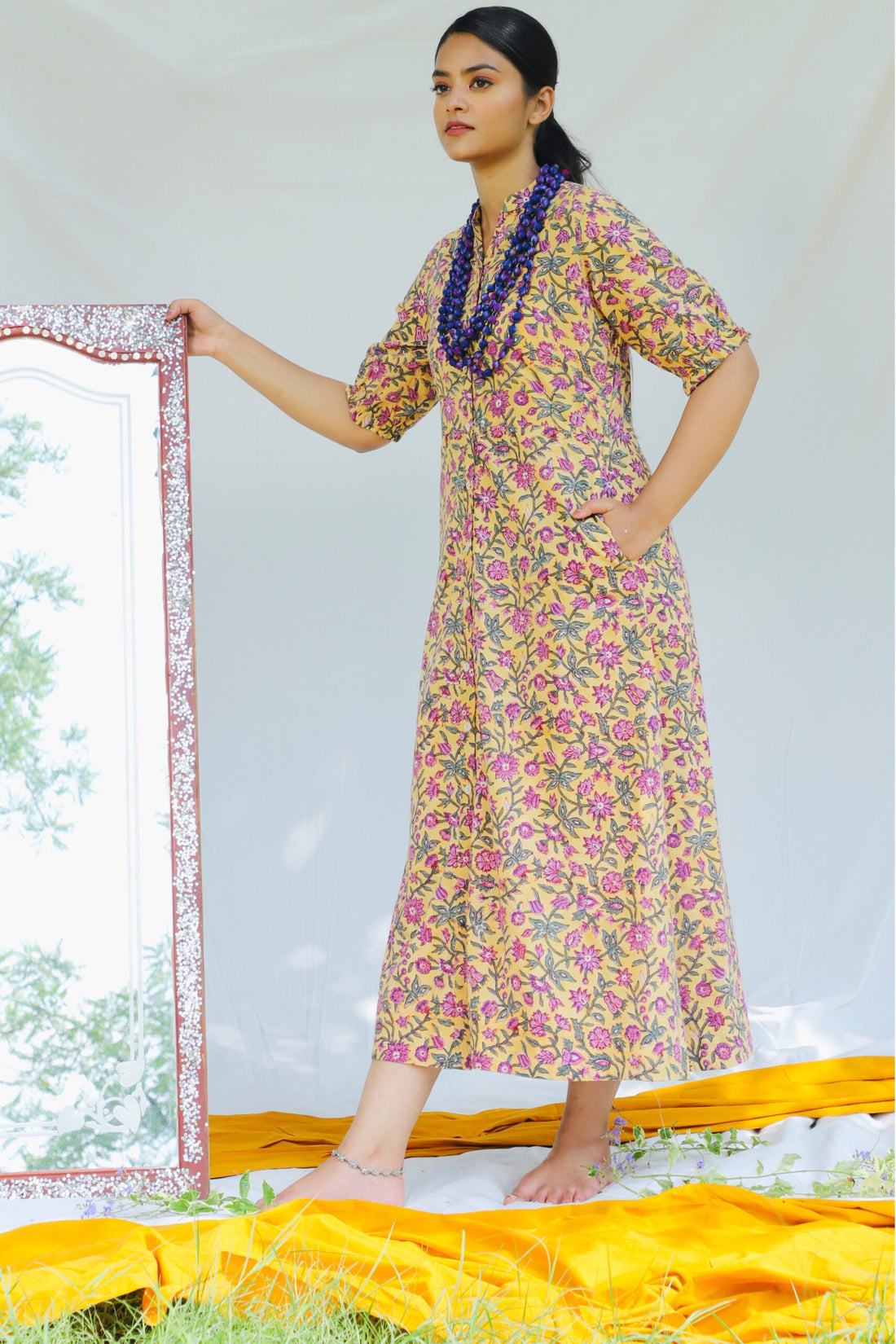 Shuddhi Mustard And Violet Cotton Dress