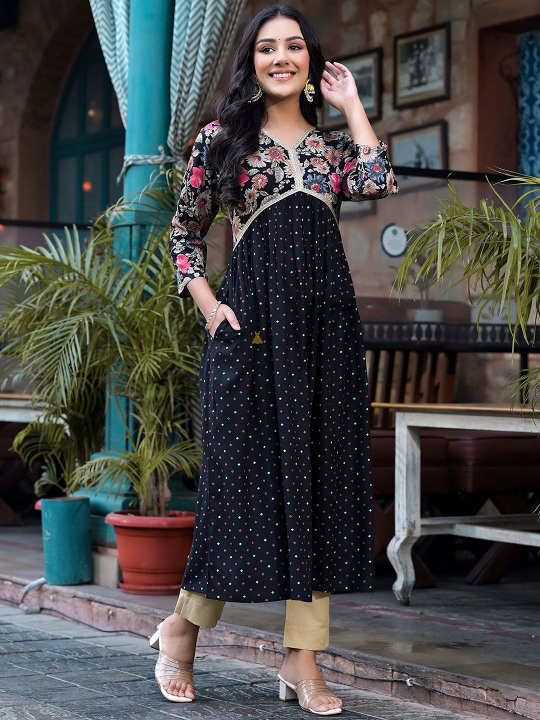Label Khoj Women Rayon print A line Alia kurta with Pocket