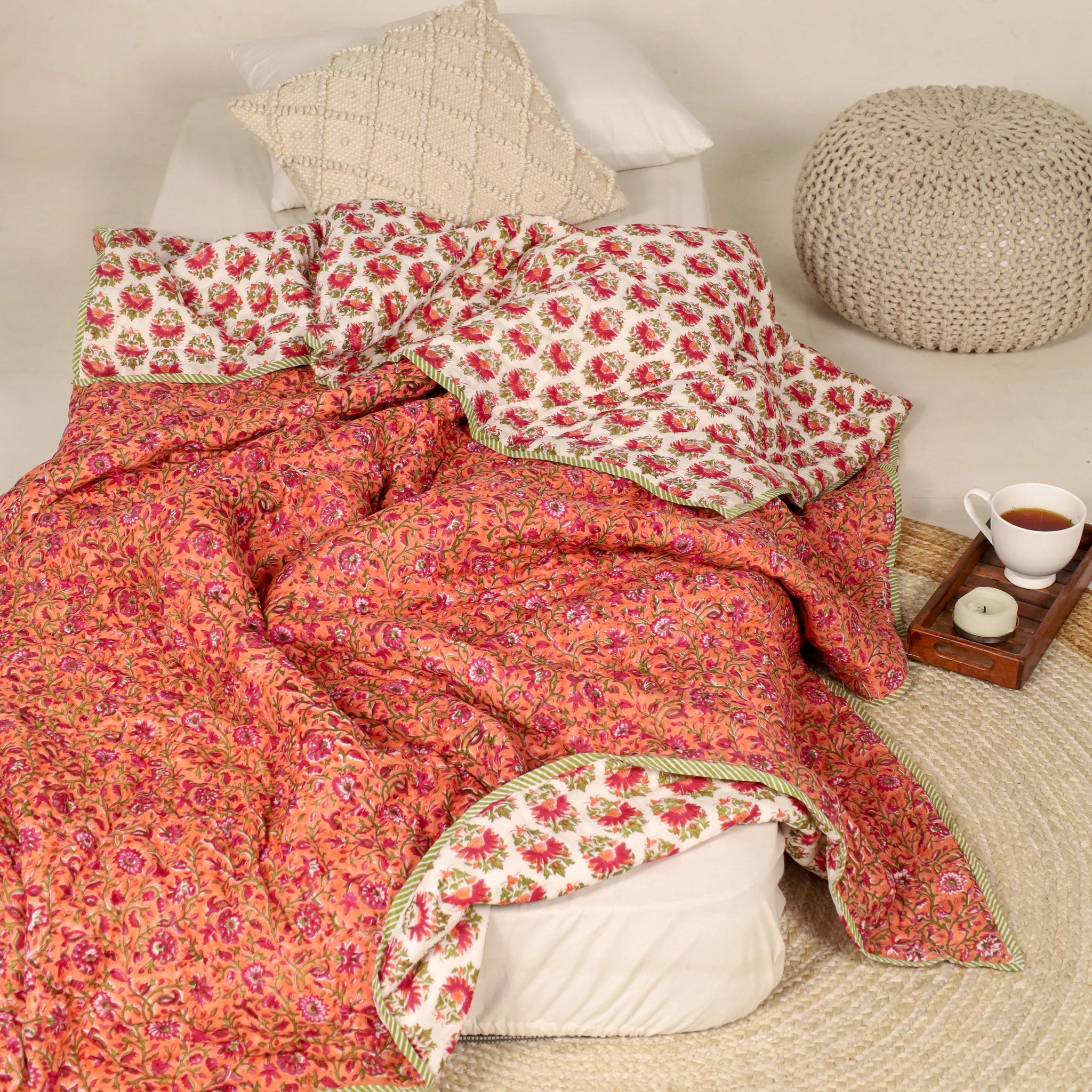 Orange and Pink Single Bed Reversible Quilted Razai