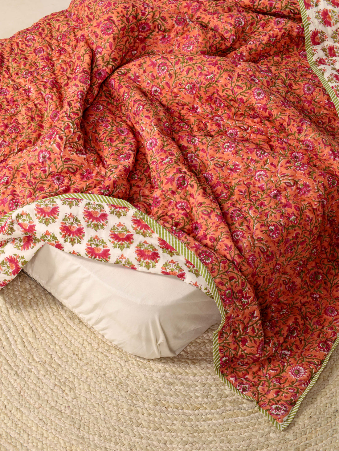 Orange and Pink Single Bed Reversible Quilted Razai