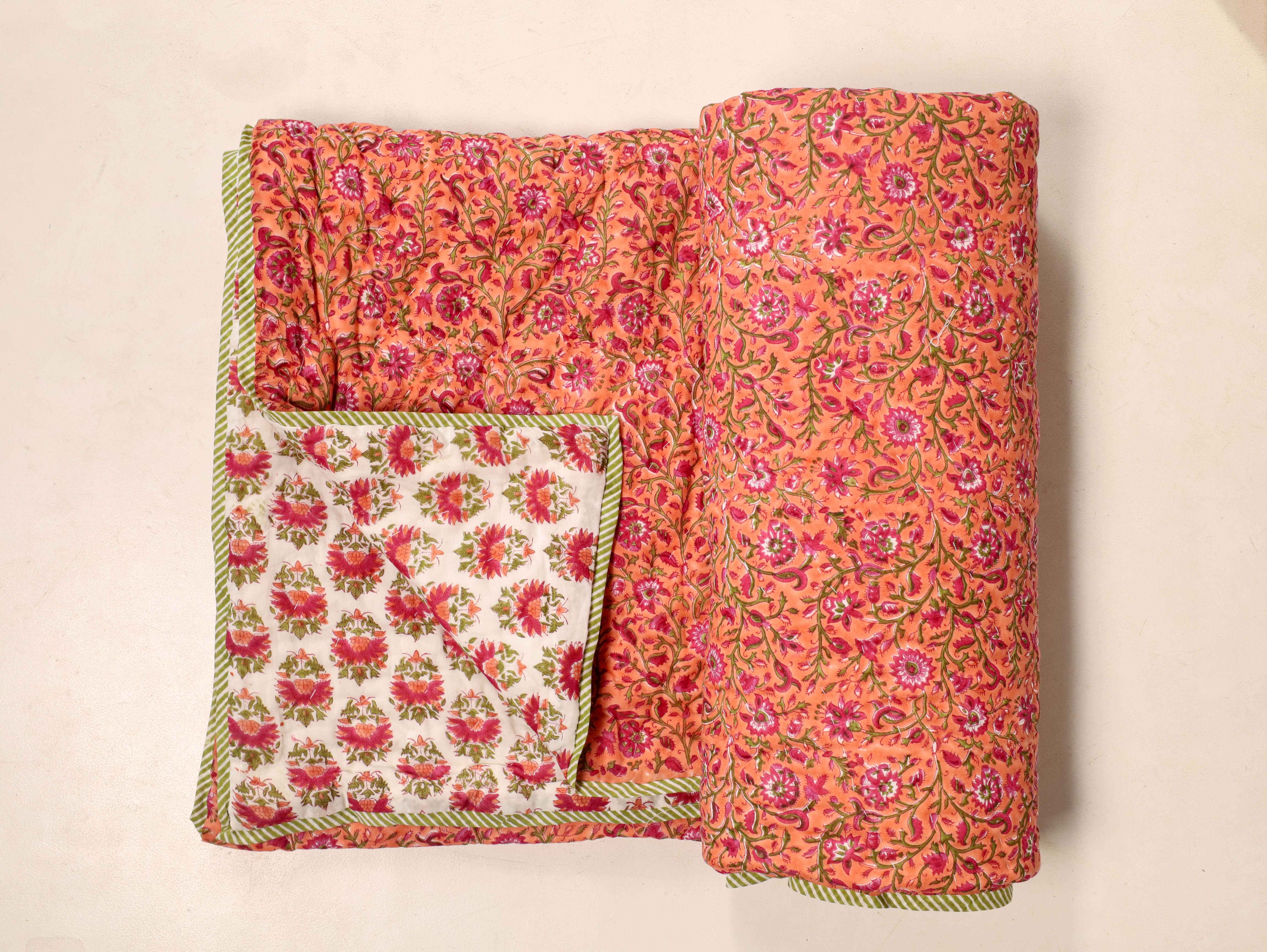 Orange and Pink Single Bed Reversible Quilted Razai