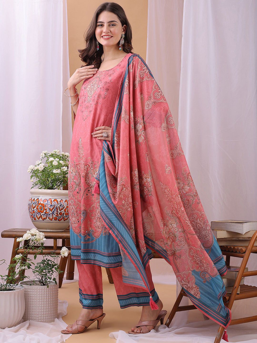 Label Khoj Women's Gajari Silk Blend Handwork Kurta with Pant and Gajari Dupatta