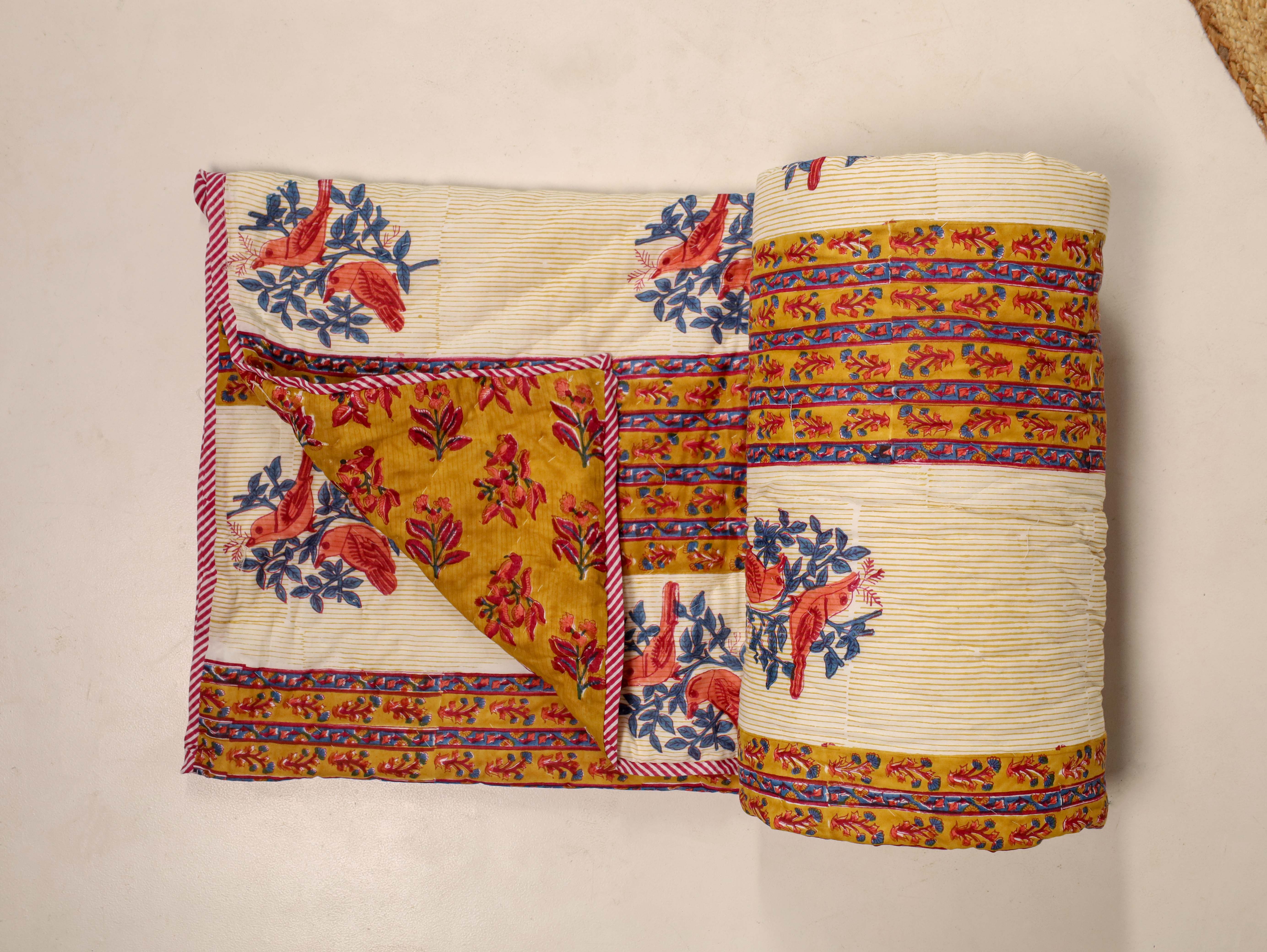 Mustard Yellow and Red Single Bed Reversible Quilted Razai