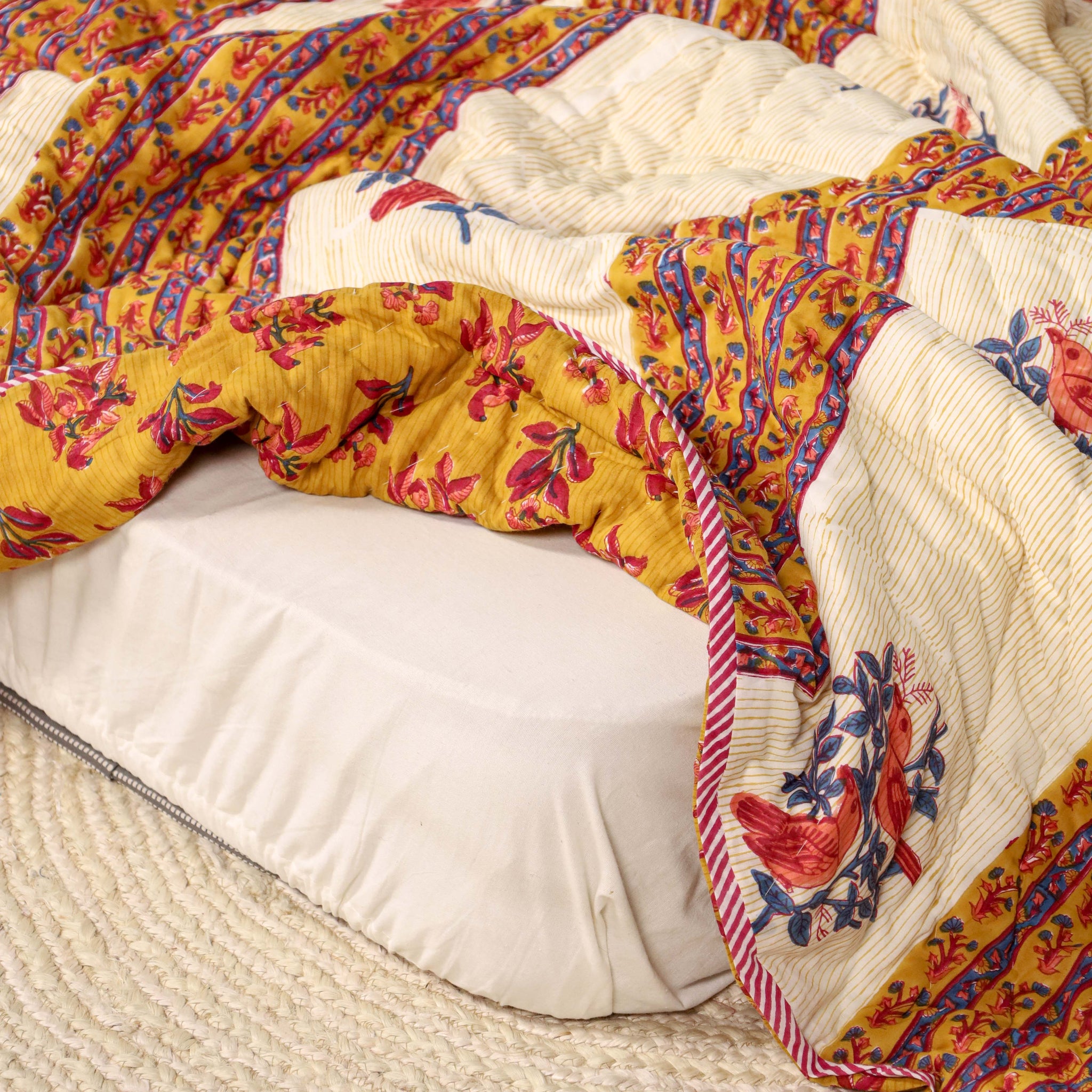 Mustard Yellow and Red Single Bed Reversible Quilted Razai