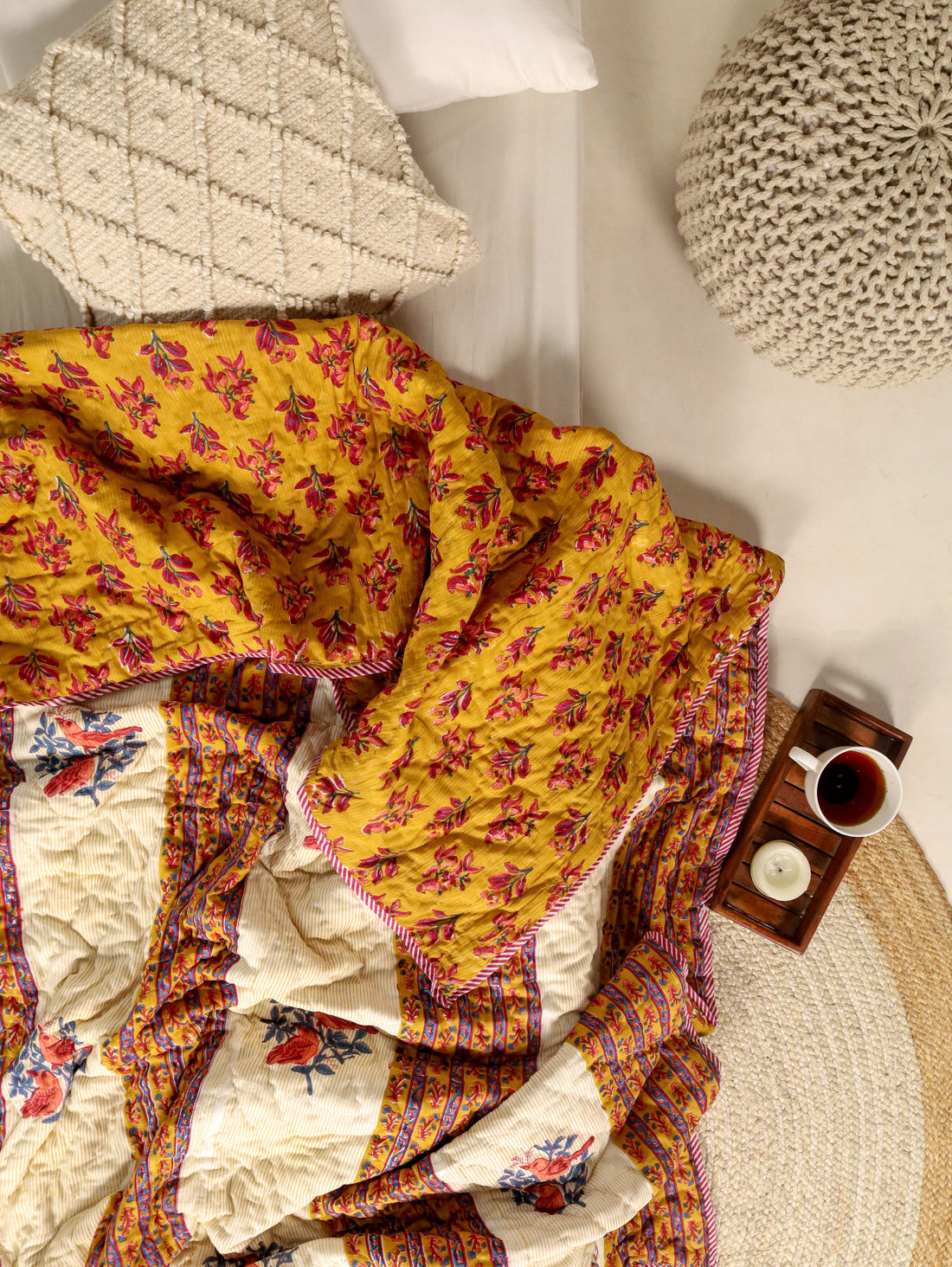 Mustard Yellow and Red Single Bed Reversible Quilted Razai