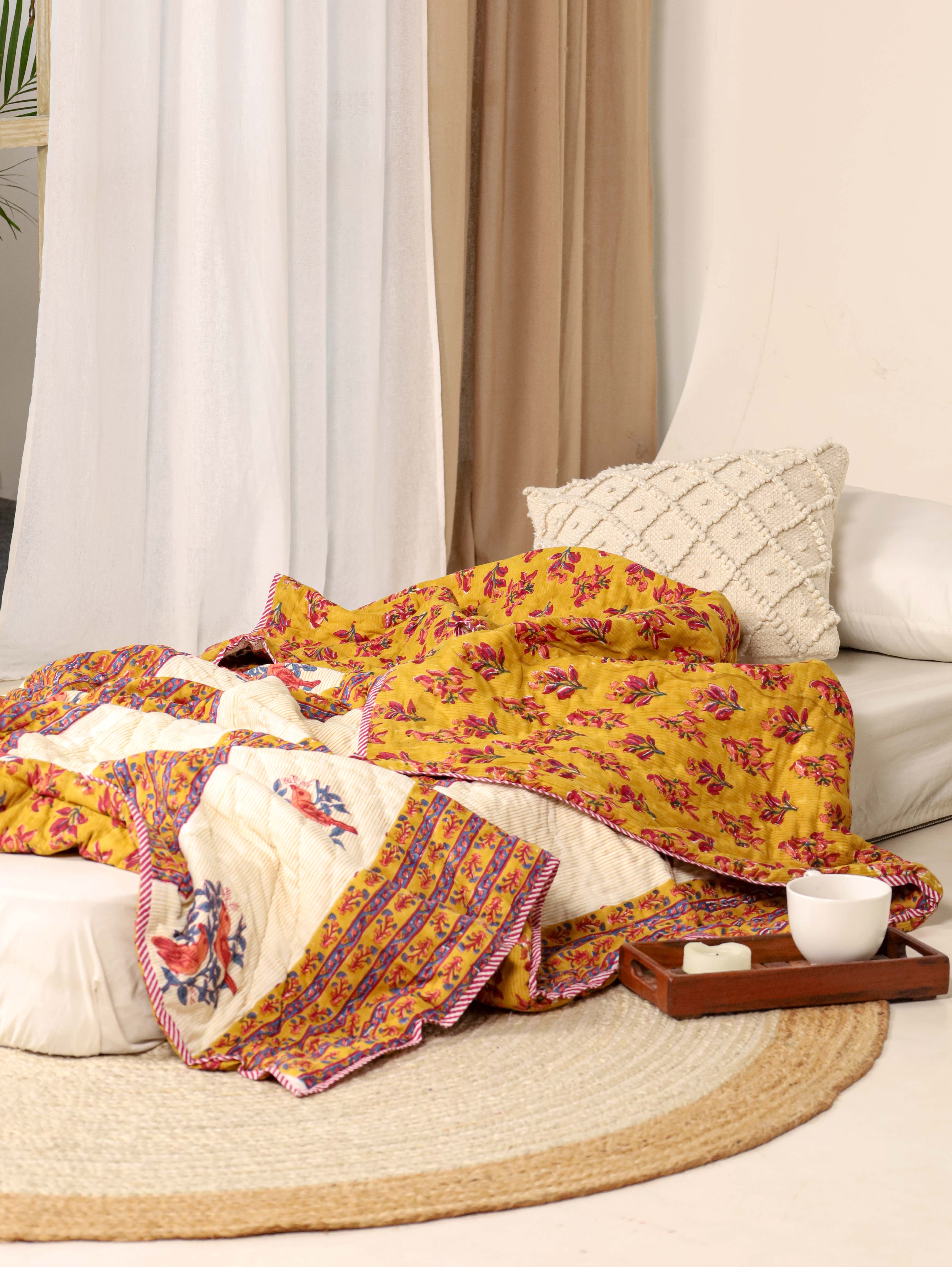 Mustard Yellow and Red Single Bed Reversible Quilted Razai