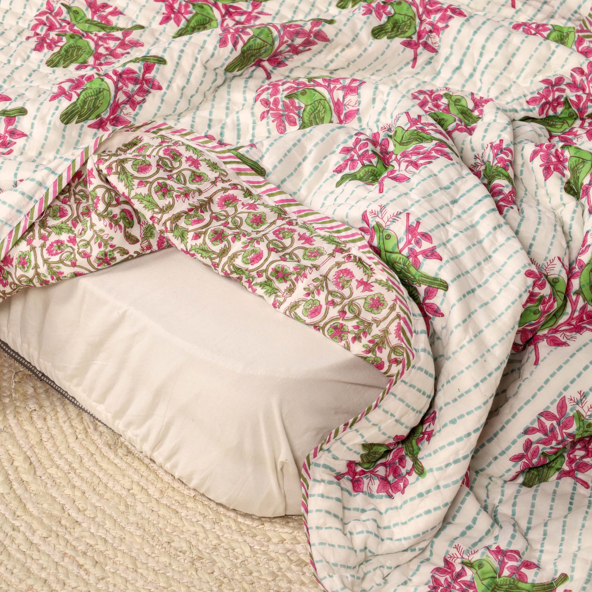 Green and Pink Single Bed Reversible Quilted Razai